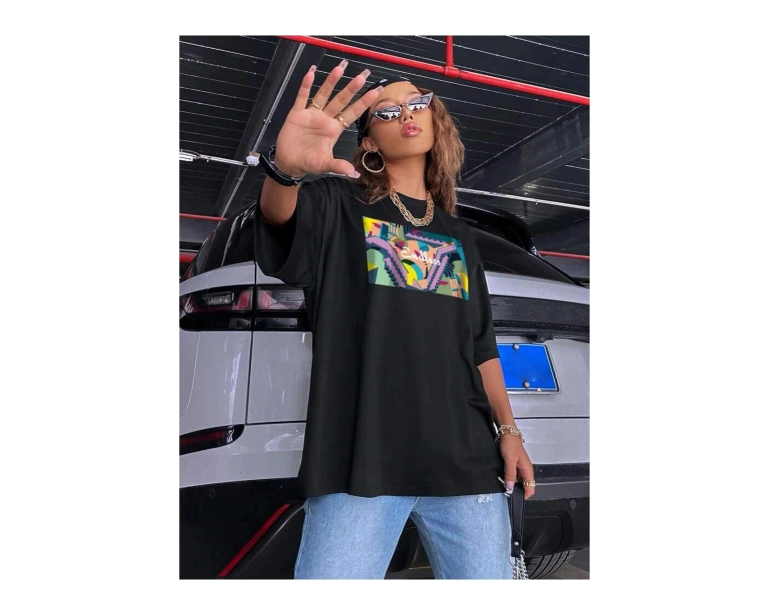 Kadın Siyah Oversize %100 Pamuk Endless Baskılı T-shirt