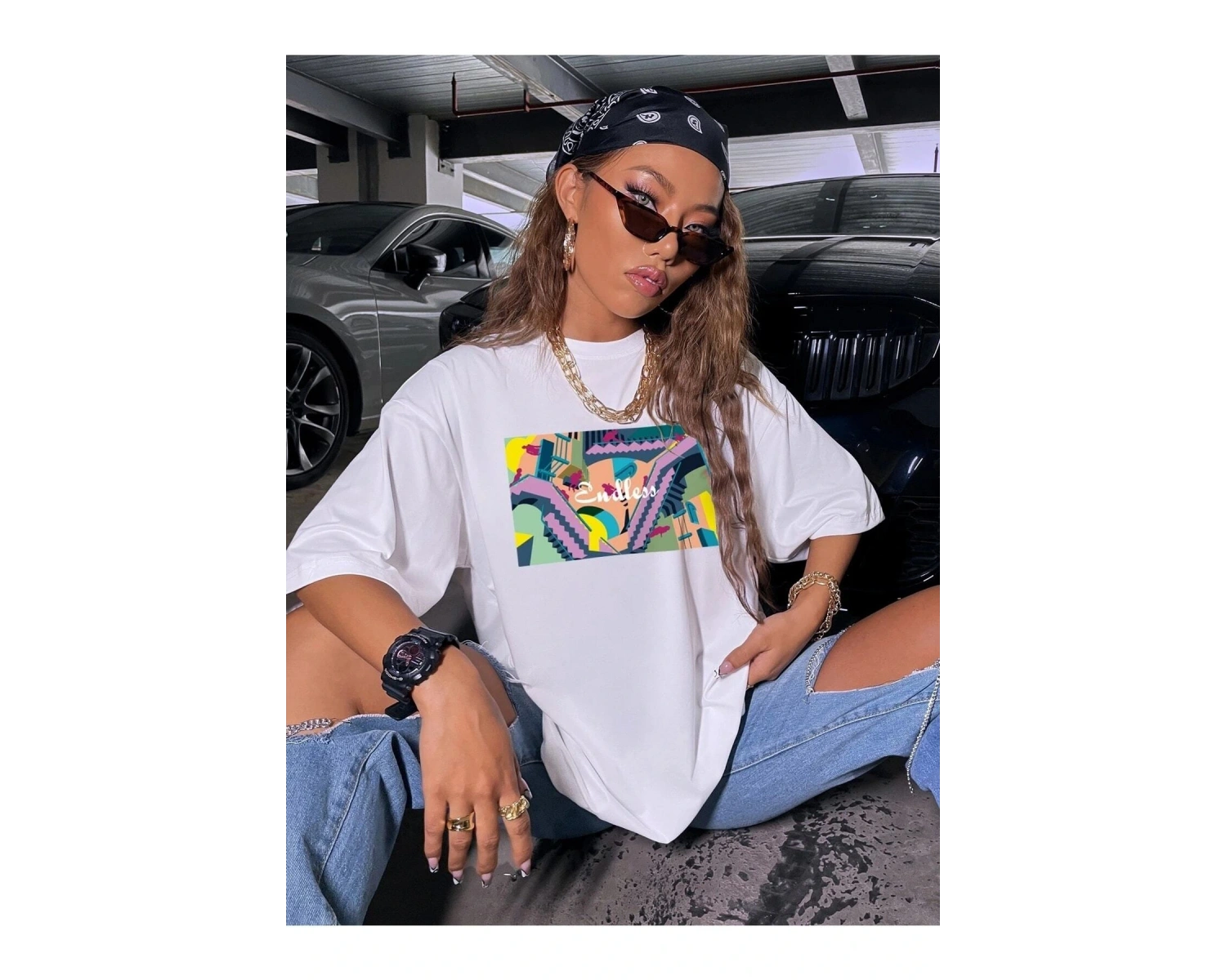 Kadın Siyah Oversize %100 Pamuk Endless Baskılı T-shirt