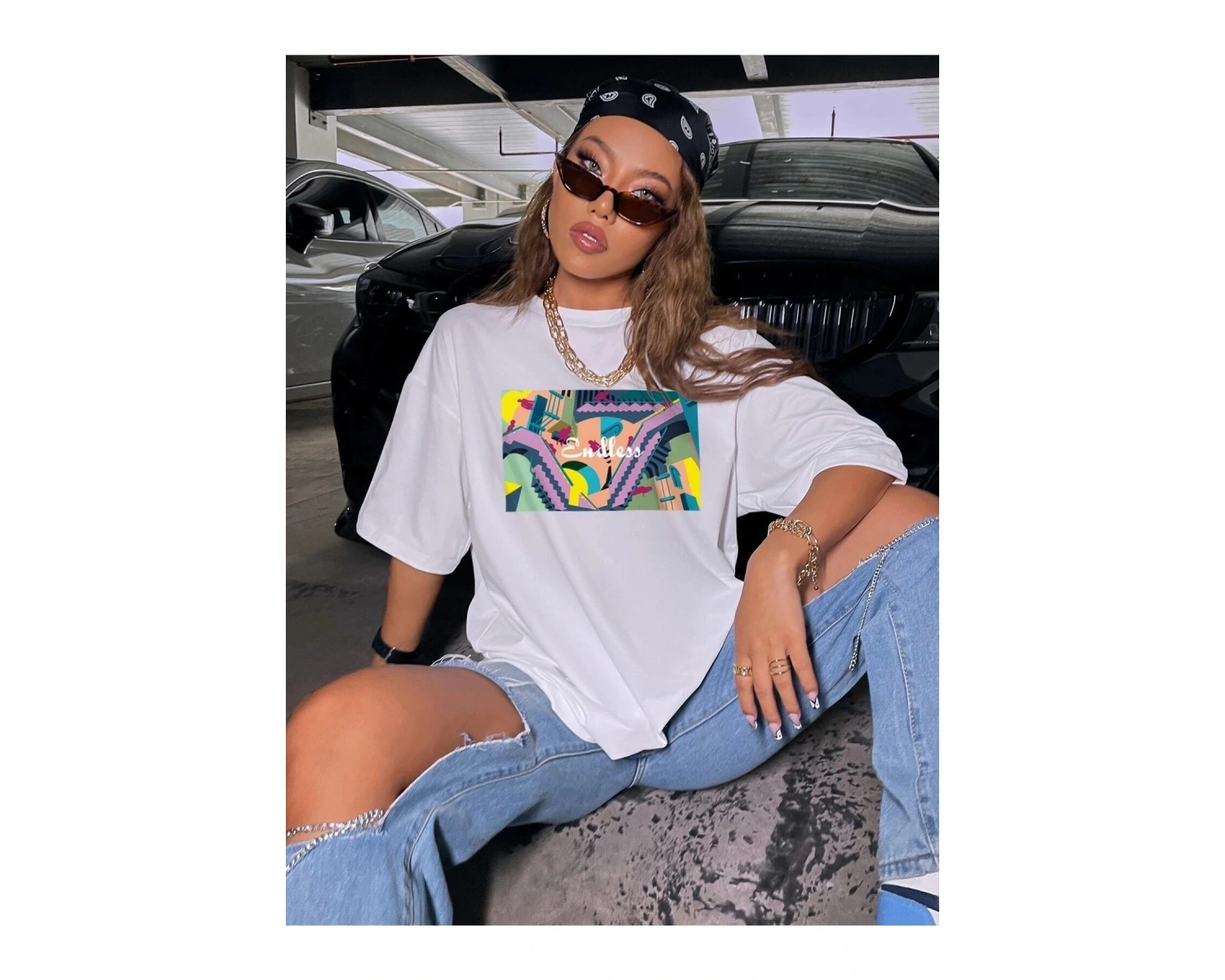 Kadın Siyah Oversize %100 Pamuk Endless Baskılı T-shirt