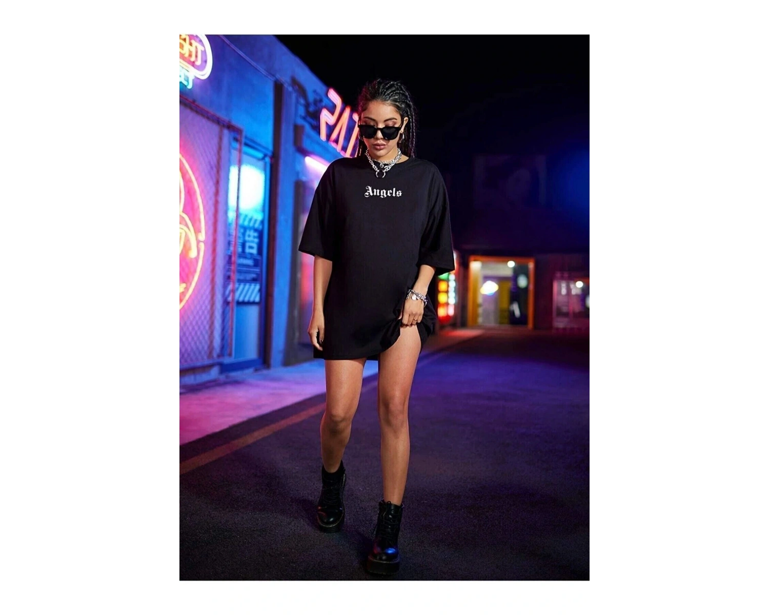 Kadın Siyah Pure Angels Baskılı Oversize Bisiklet Yaka Tişört