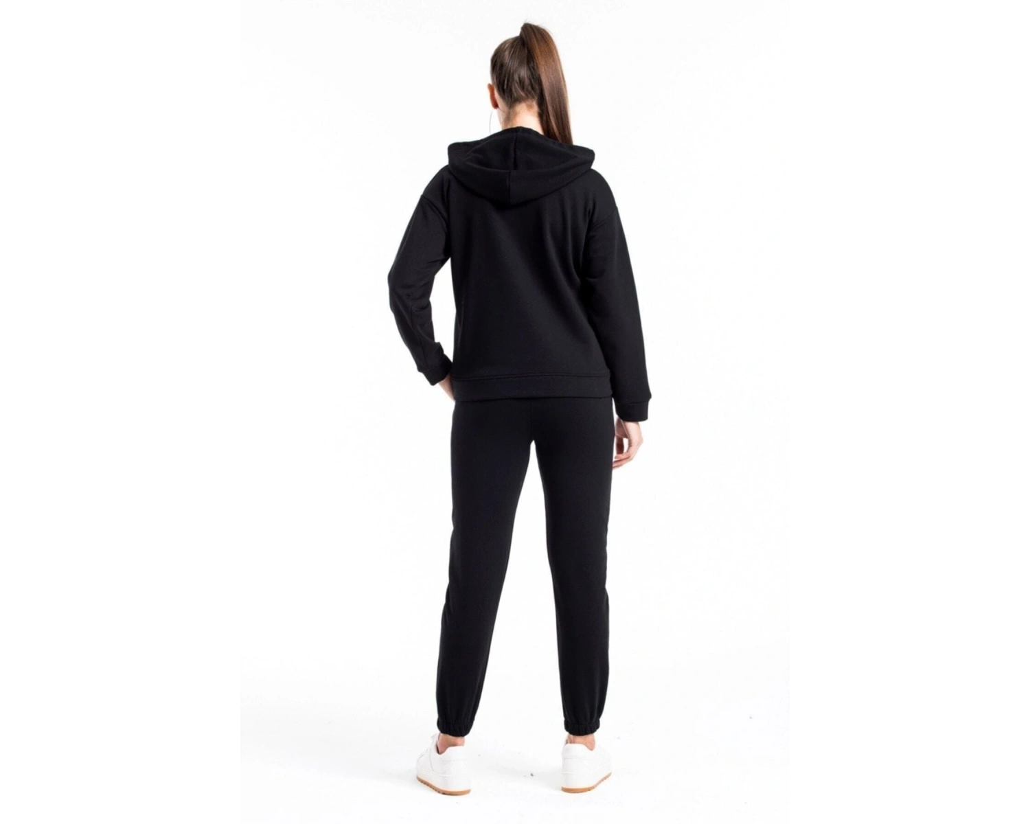 Kadın Siyah Renk Pis Dikiş Kanguru Cep Detaylı Eşofman Takımı