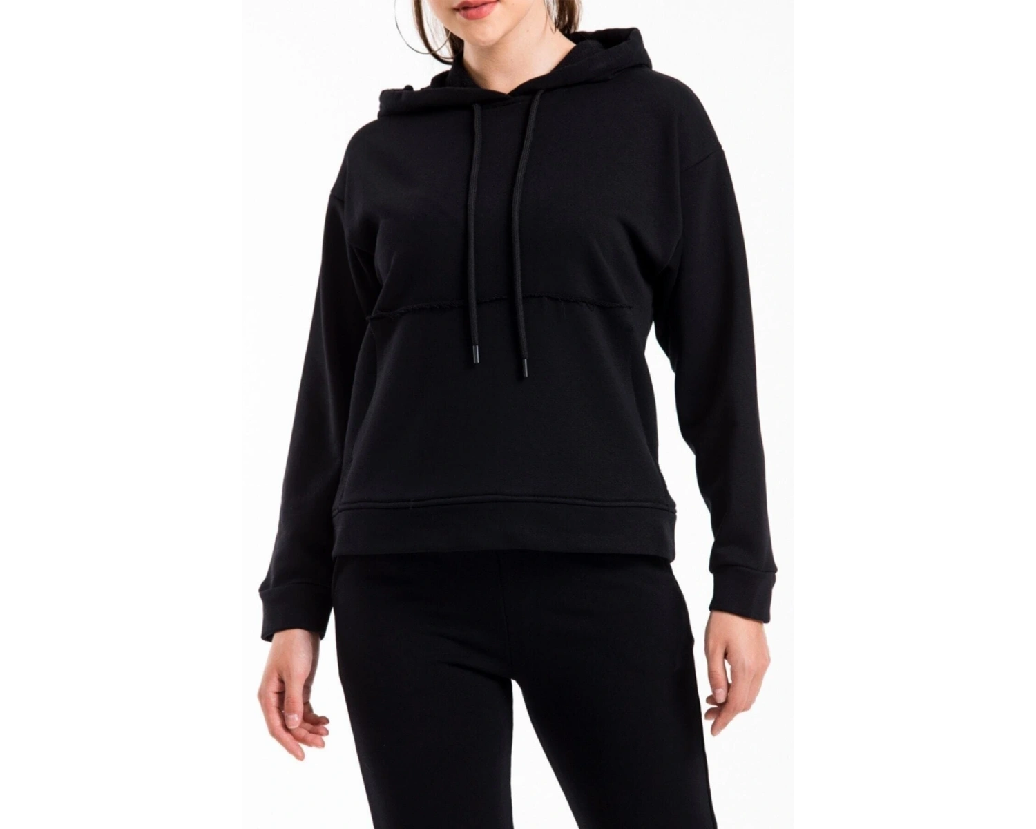 Kadın Siyah Renk Pis Dikiş Kanguru Cep Detaylı Eşofman Takımı