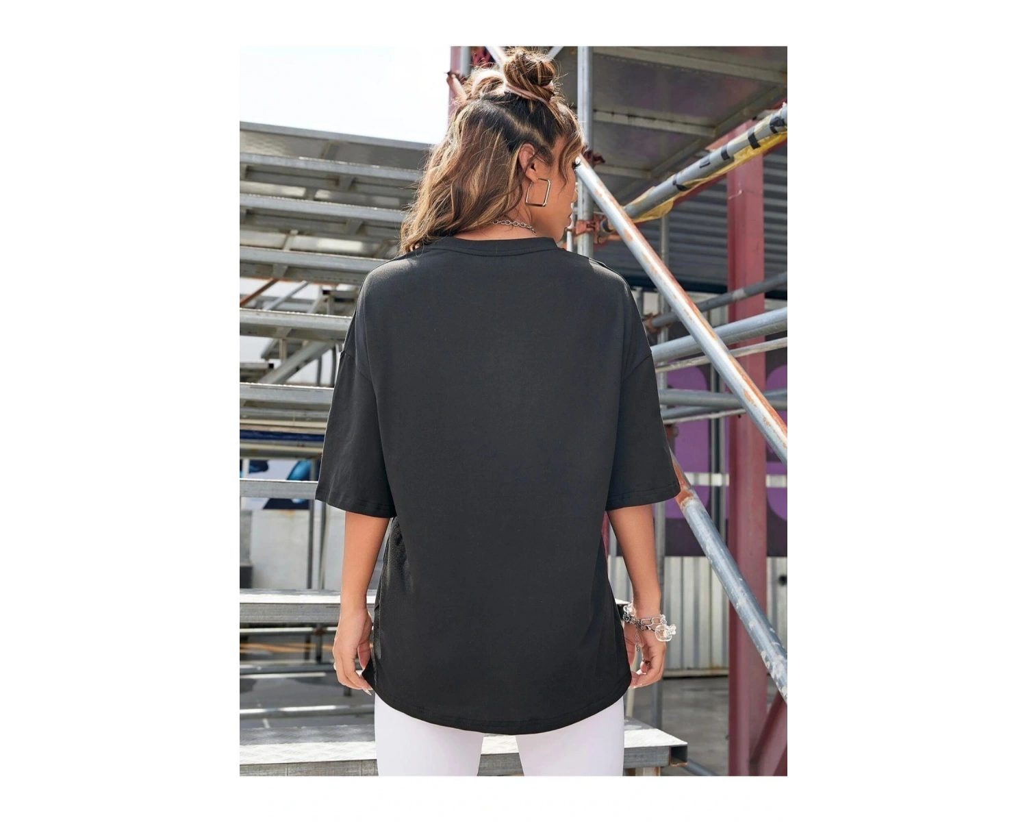 Kadın Siyah Rockıes Baskılı Oversize Bisiklet Yaka Tshirt