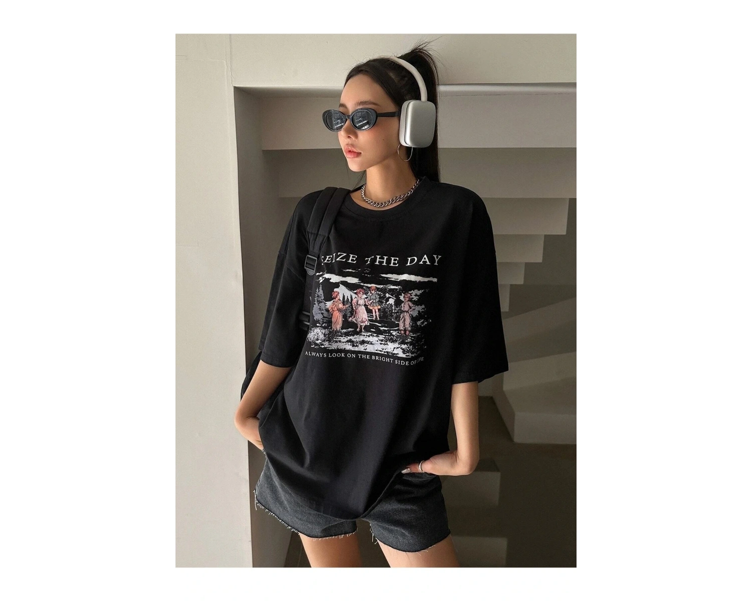 Kadın Siyah Seize The Day Baskılı Oversize T-shirt