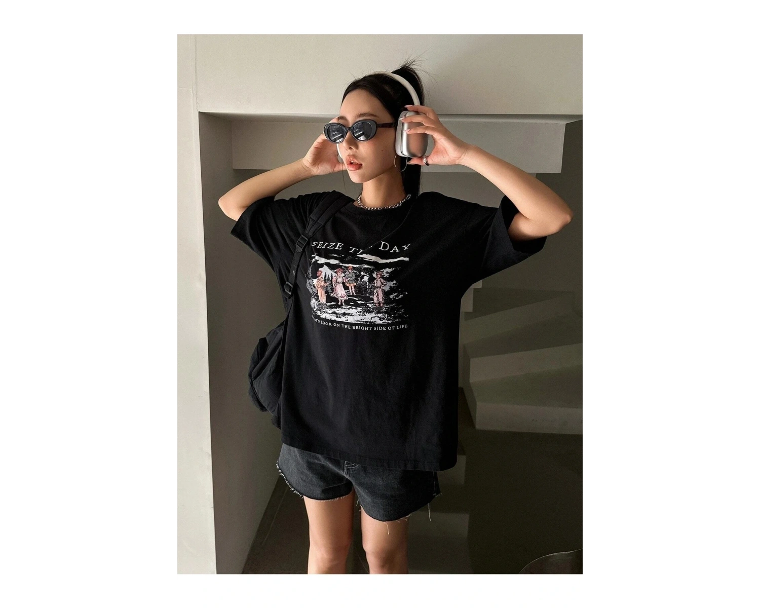 Kadın Siyah Seize The Day Baskılı Oversize T-shirt