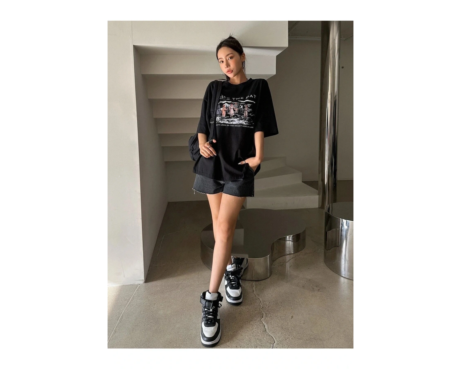 Kadın Siyah Seize The Day Baskılı Oversize T-shirt