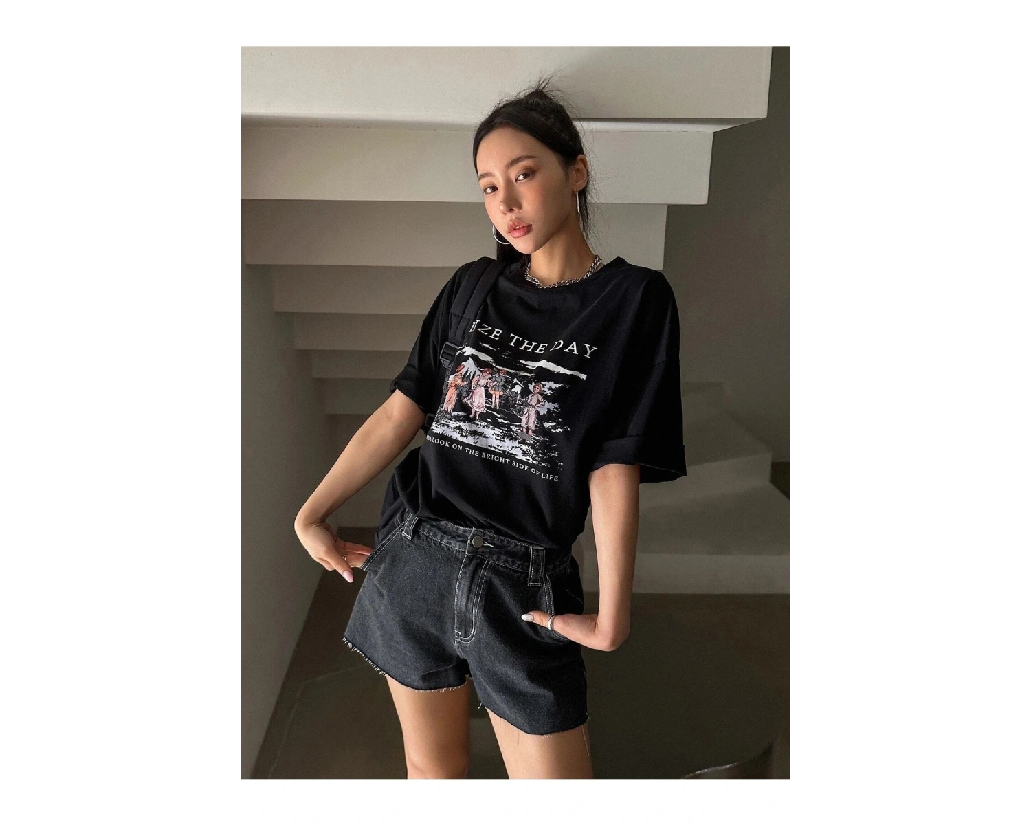 Kadın Siyah Seize The Day Baskılı Oversize T-shirt