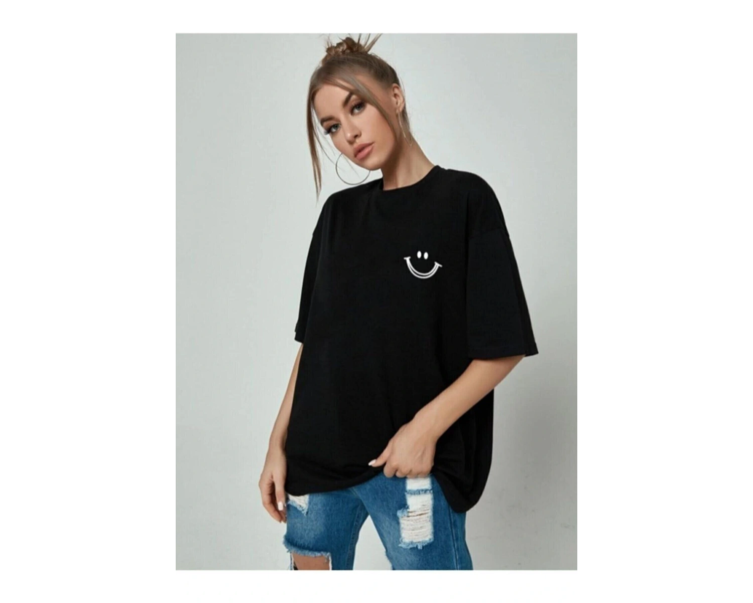 Kadın Siyah Smile Baskılı Oversize Bisiklet Yaka Kısa Kollu Tişört