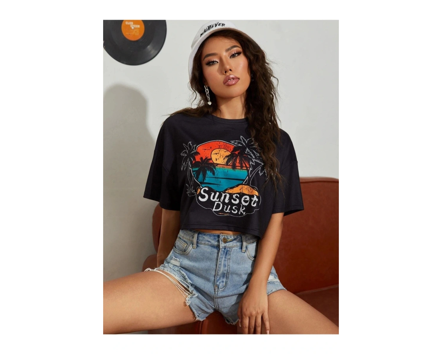 Kadın Siyah Sunset Baskılı Oversize Crop