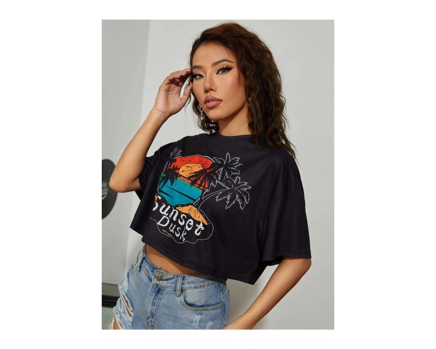 Kadın Siyah Sunset Baskılı Oversize Crop