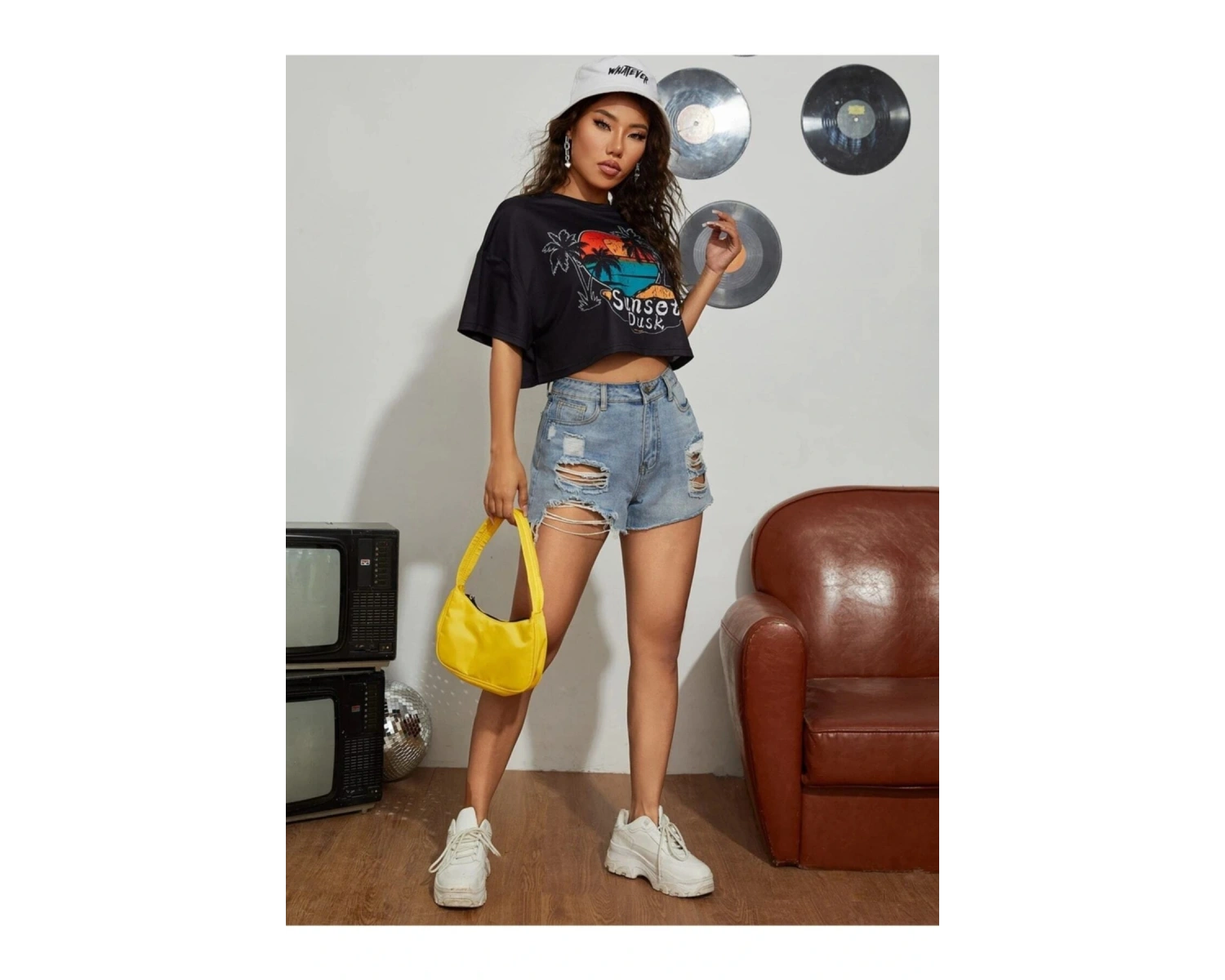 Kadın Siyah Sunset Baskılı Oversize Crop