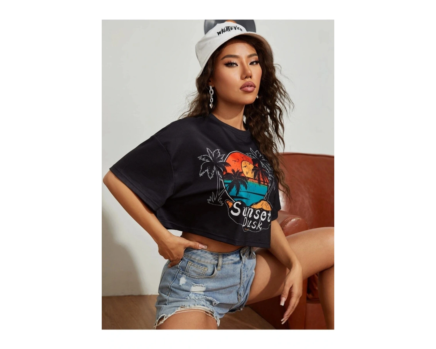 Kadın Siyah Sunset Baskılı Oversize Crop