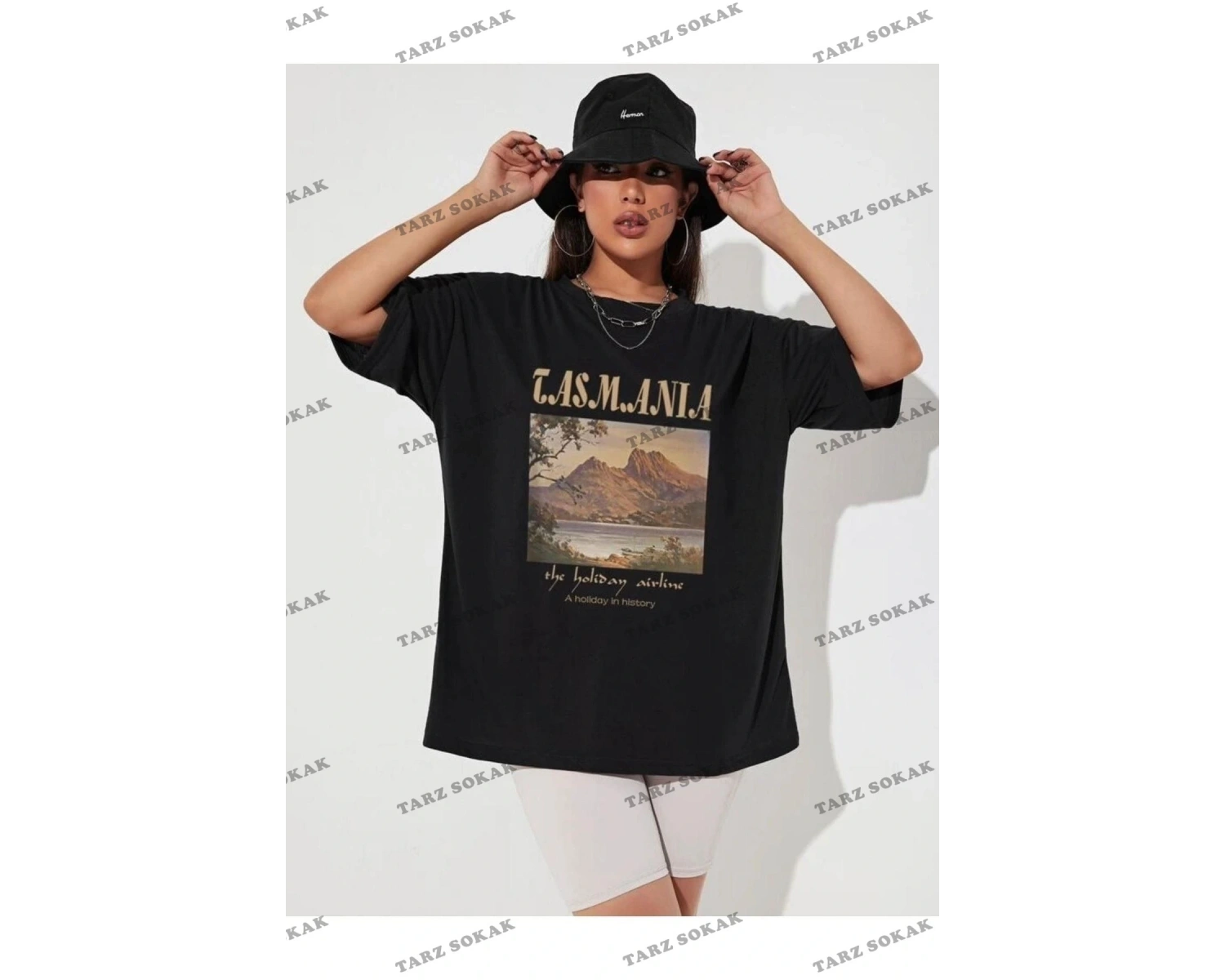 Kadın Siyah Tasmania Baskılı Oversize