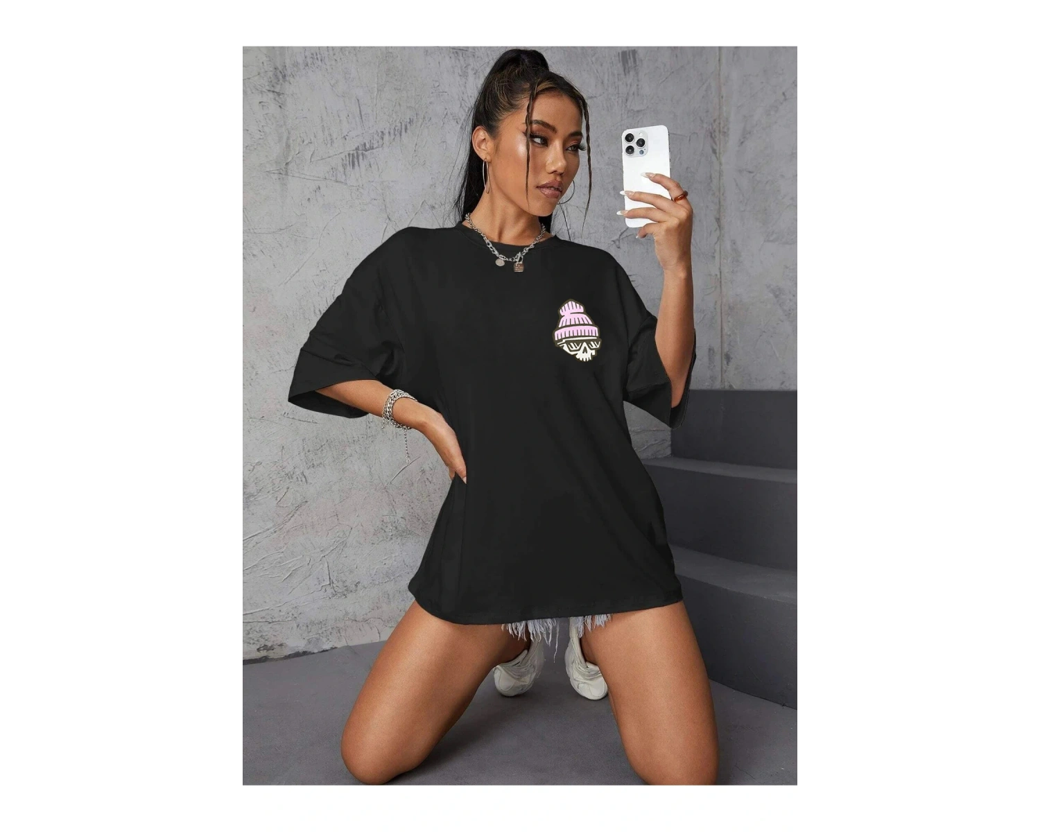 Kadın Siyah Today Was Baskılı Oversize Tişört