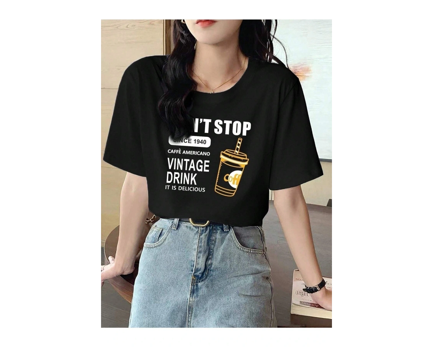 Kadın Siyah Vintage Drink Baskılı Oversize T-shirt