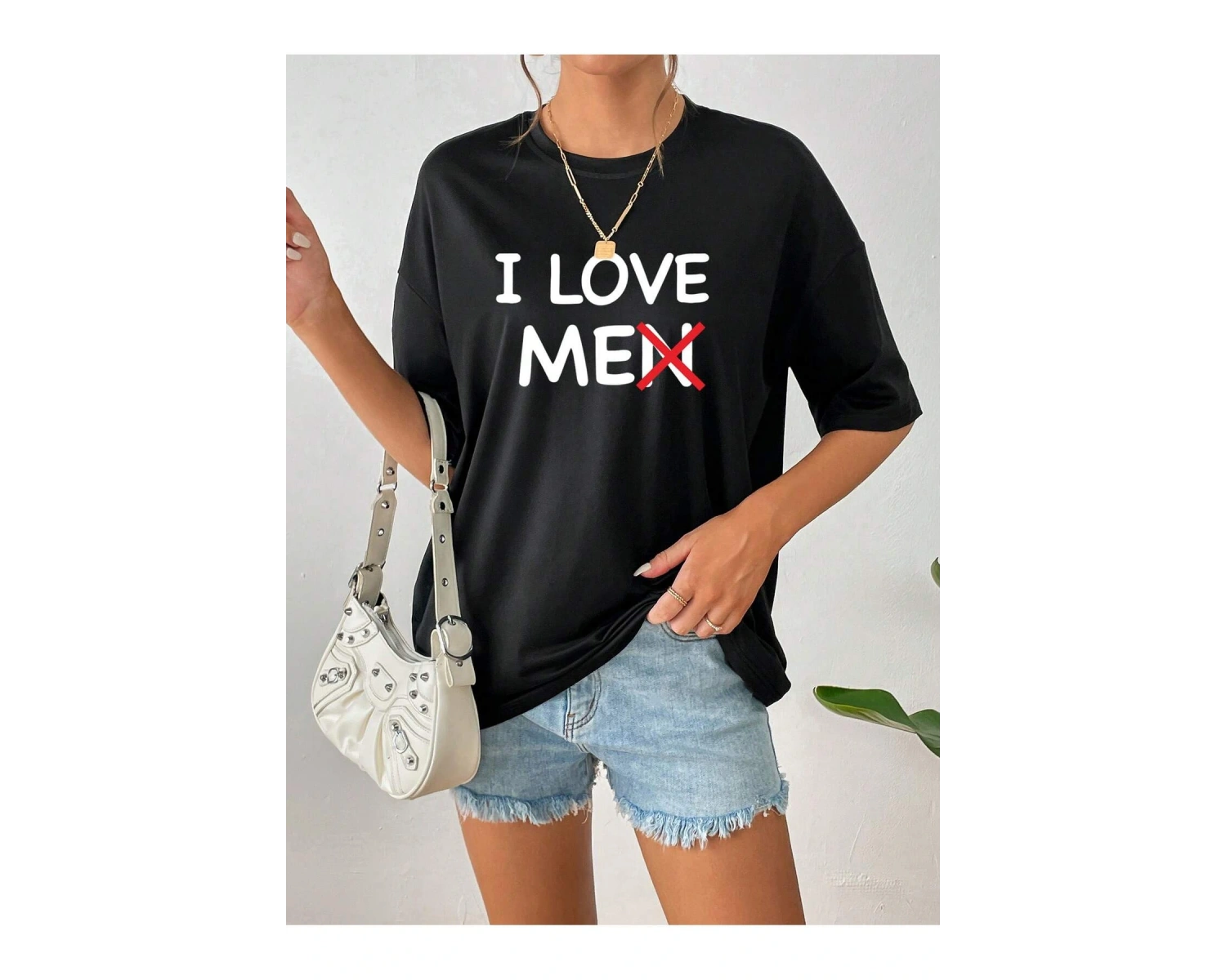 Kadın Slogan Desenli Düşük Omuz Tişört