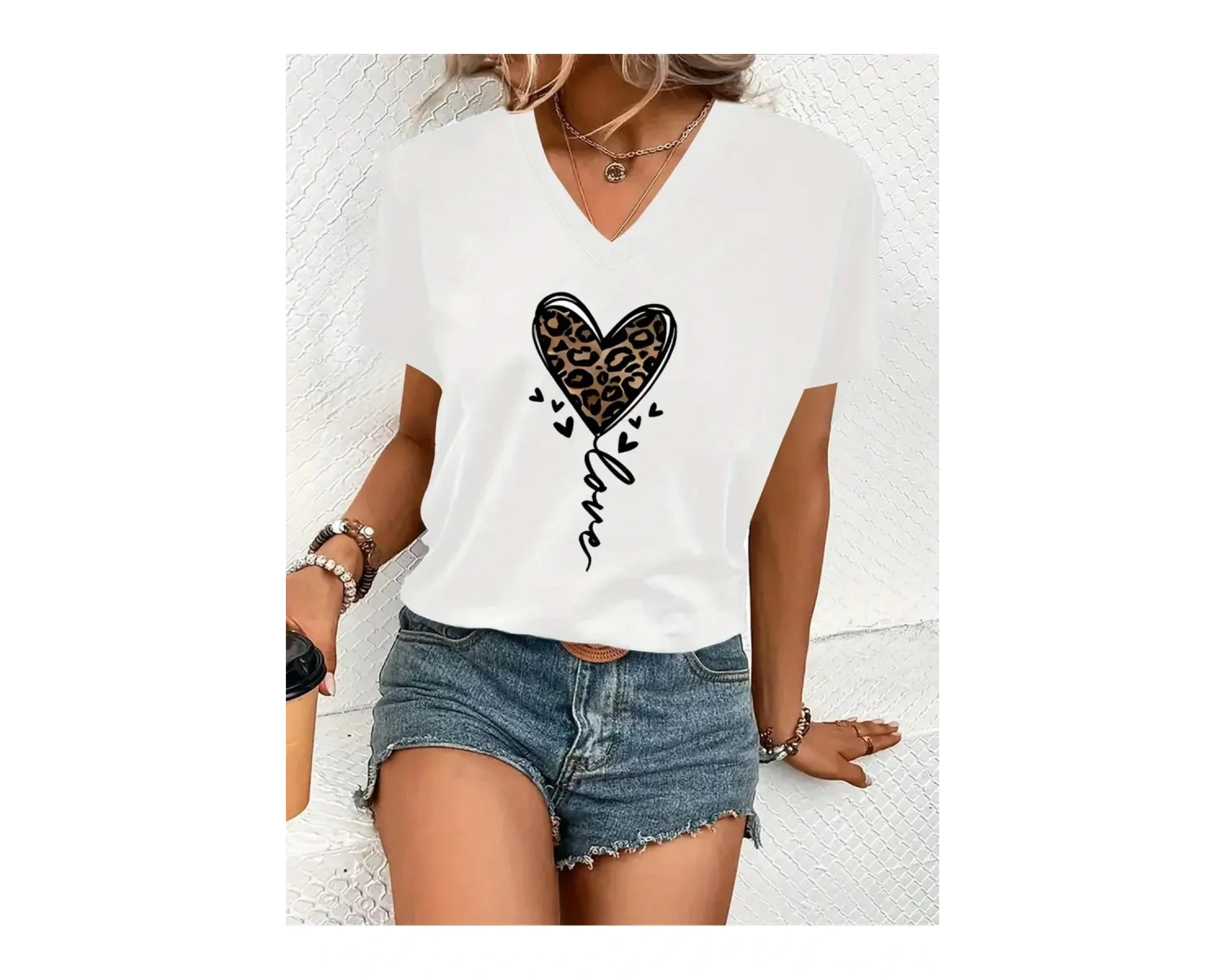 Kadın V yaka Beyaz Siyah T-Shirt Baskılı Oversize