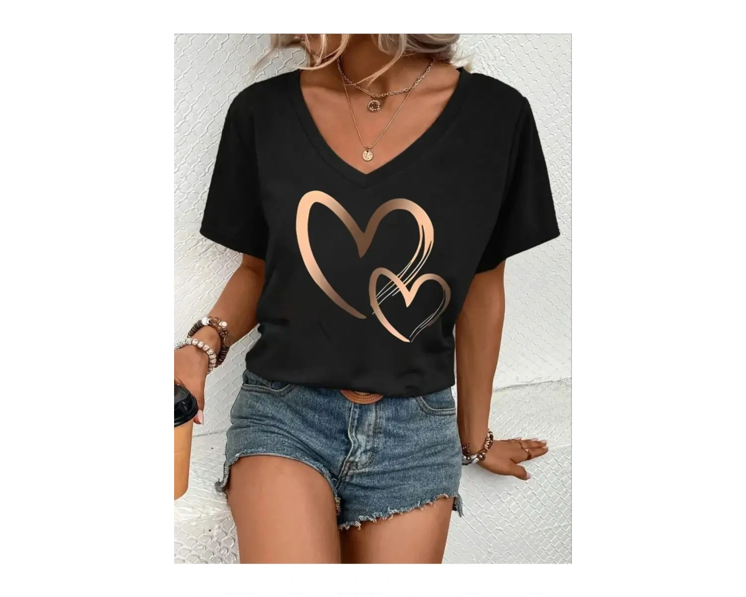 Kadın V yaka Beyaz Siyah T-Shirt Baskılı Oversize