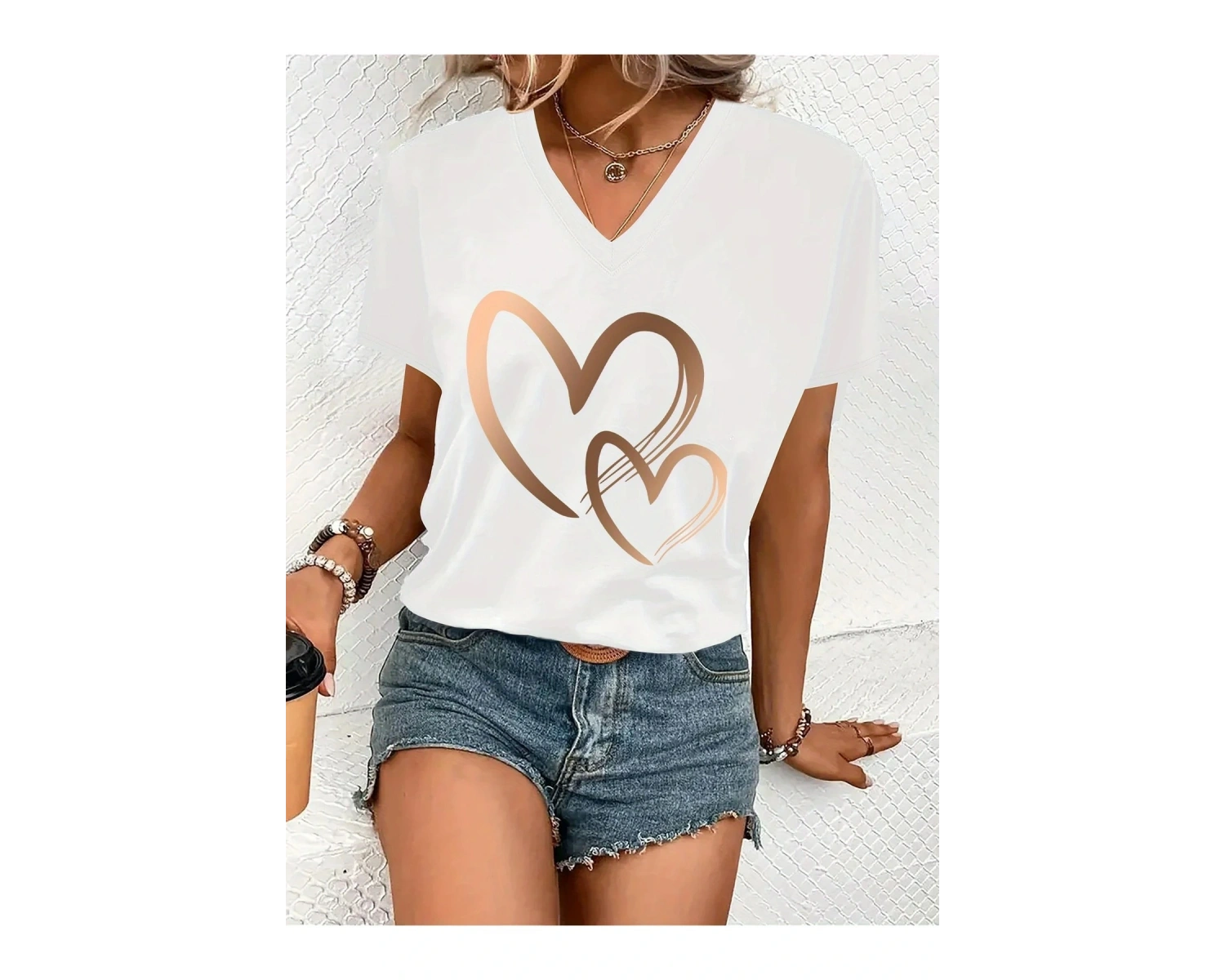 Kadın V yaka Beyaz Siyah T-Shirt Baskılı Oversize