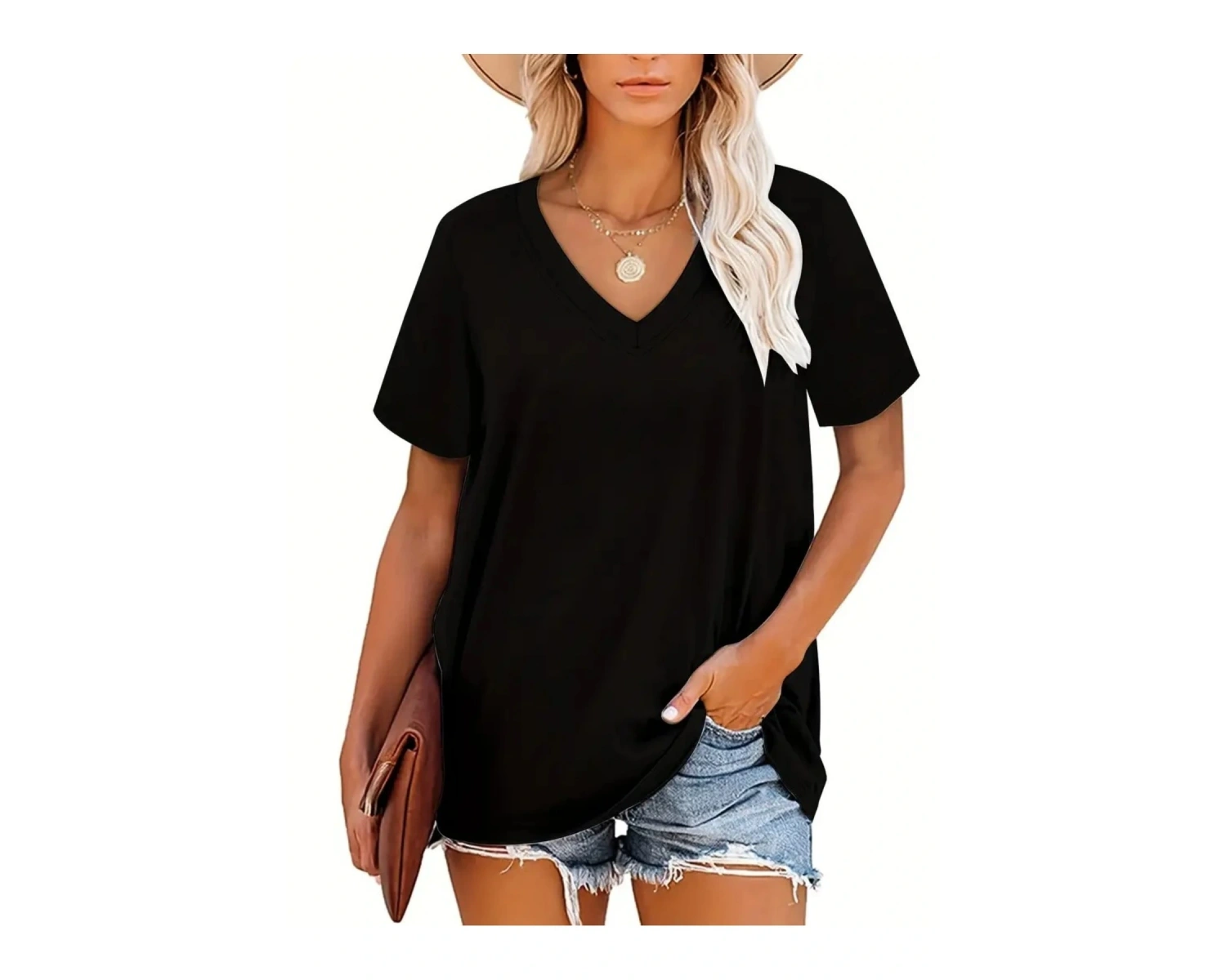 Kadın V yaka Siyah Beyaz Tişört Happiness Baskılı Oversize