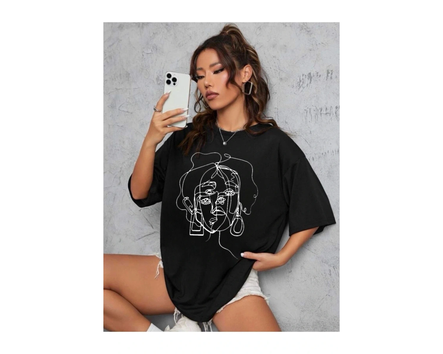 Kadın Yüz Baskı Detaylı Oversize T-shirt