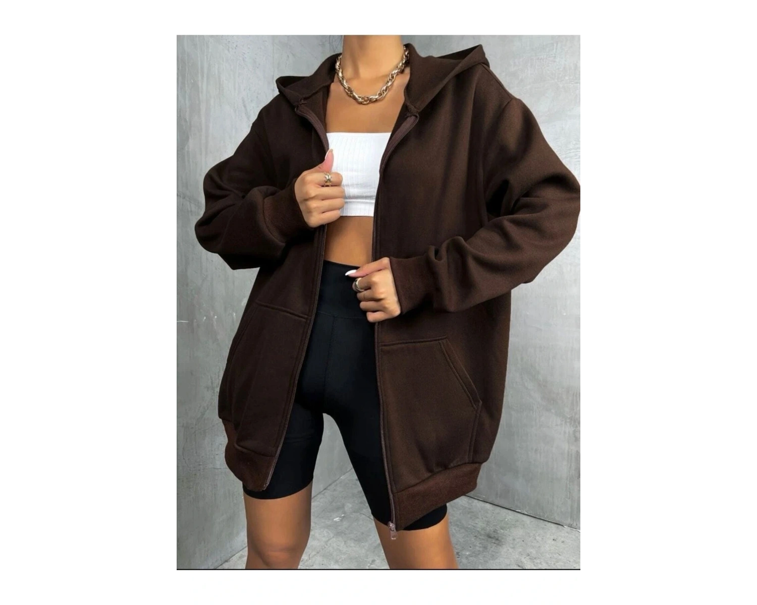 Kahverengi Fermuarlı Oversize Sweatshirt NEW YORK21 Kahverengi