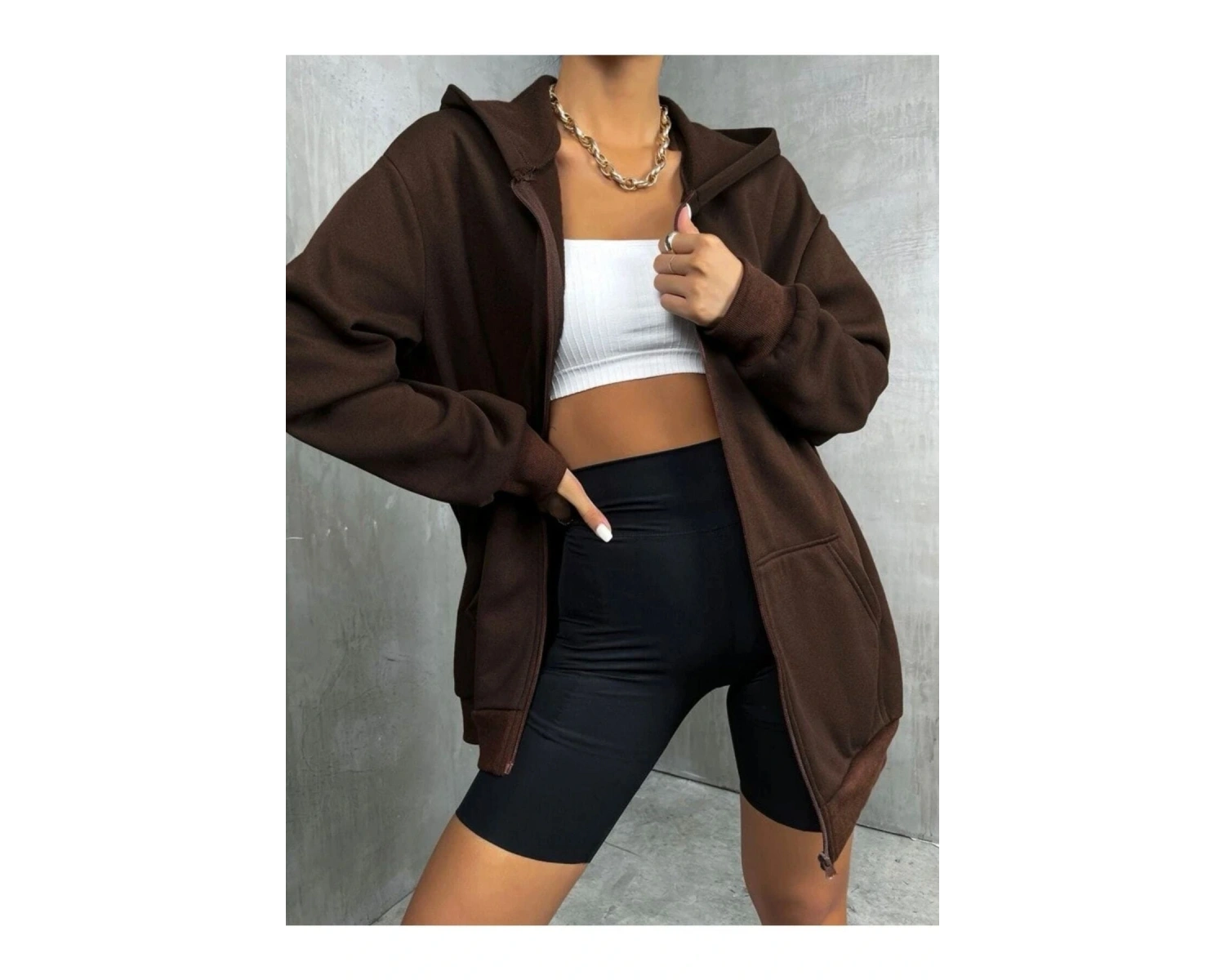 Kahverengi Fermuarlı Oversize Sweatshirt NEW YORK21 Kahverengi