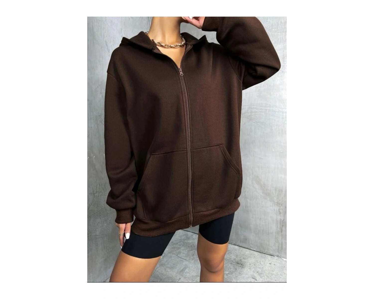 Kahverengi Fermuarlı Oversize Sweatshirt NEW YORK21 Kahverengi