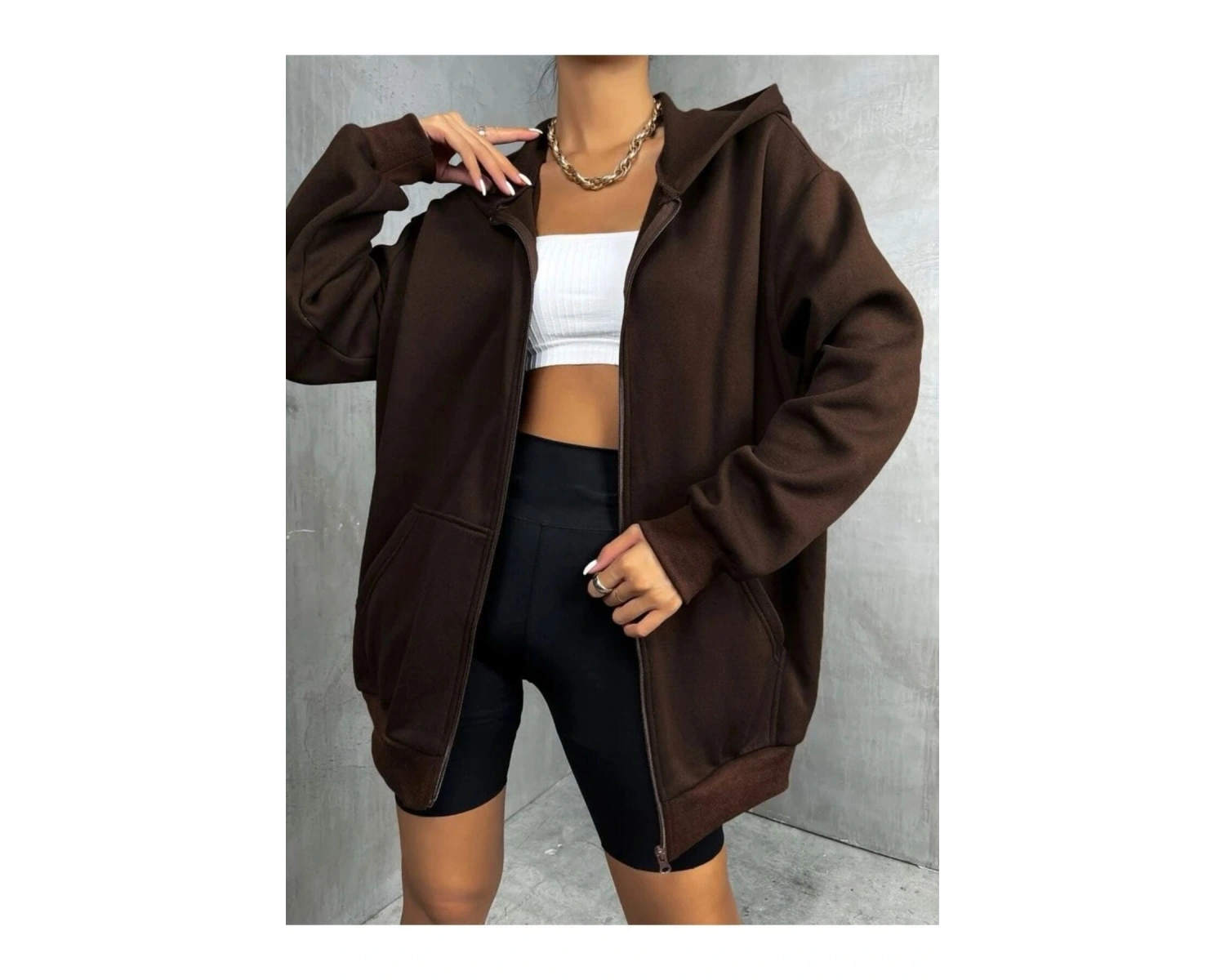 Kahverengi Fermuarlı Oversize Sweatshirt NEW YORK21 Kahverengi