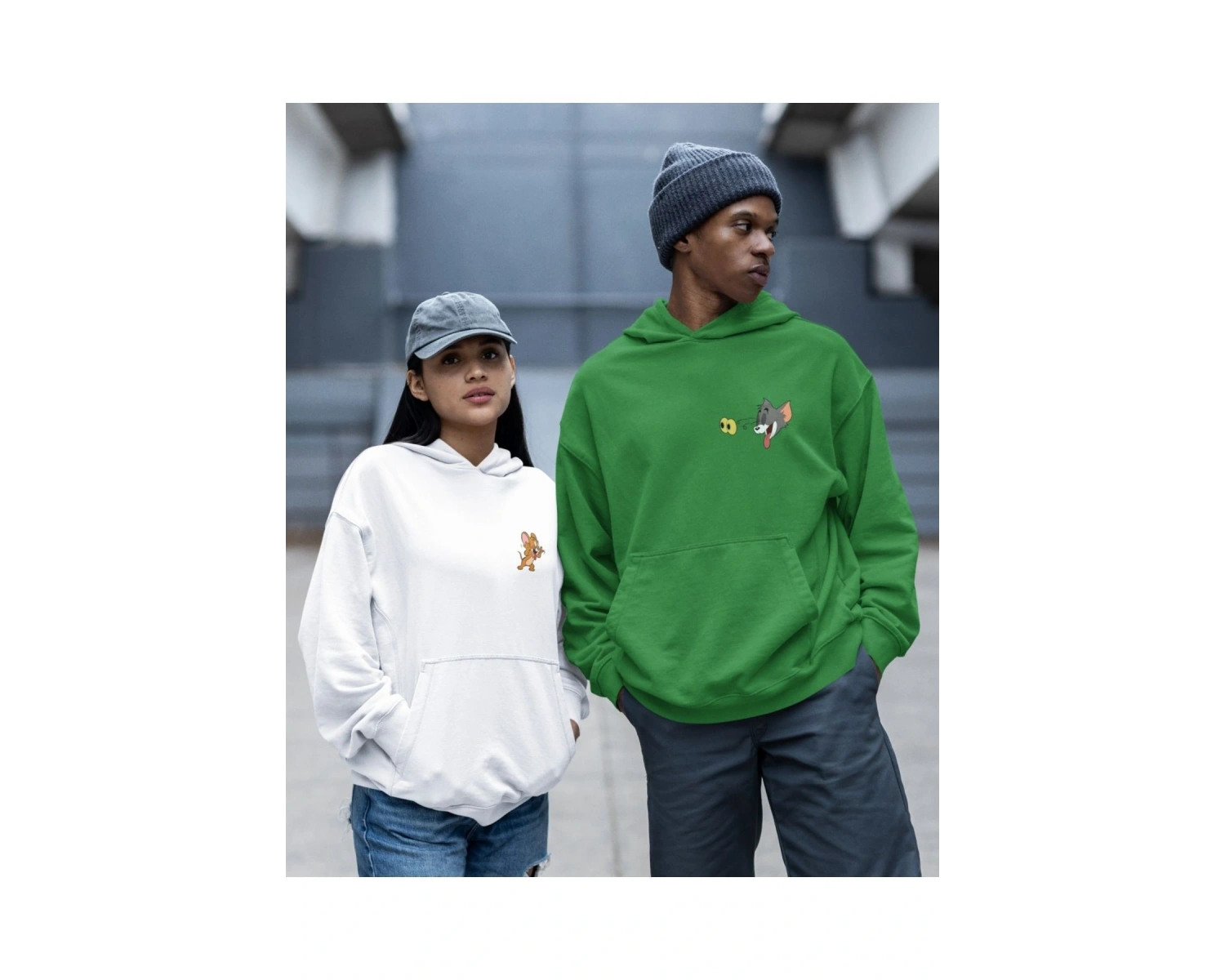 Kaliteli çift sevgili kombini tom ve jerry unisex kapşonlu