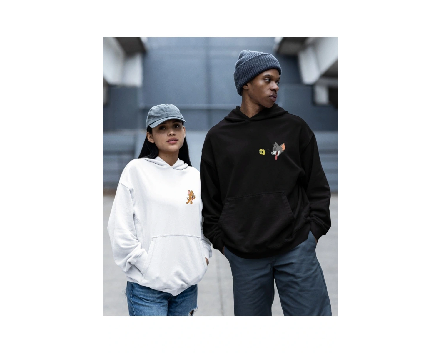 Kaliteli çift sevgili kombini tom ve jerry unisex kapşonlu