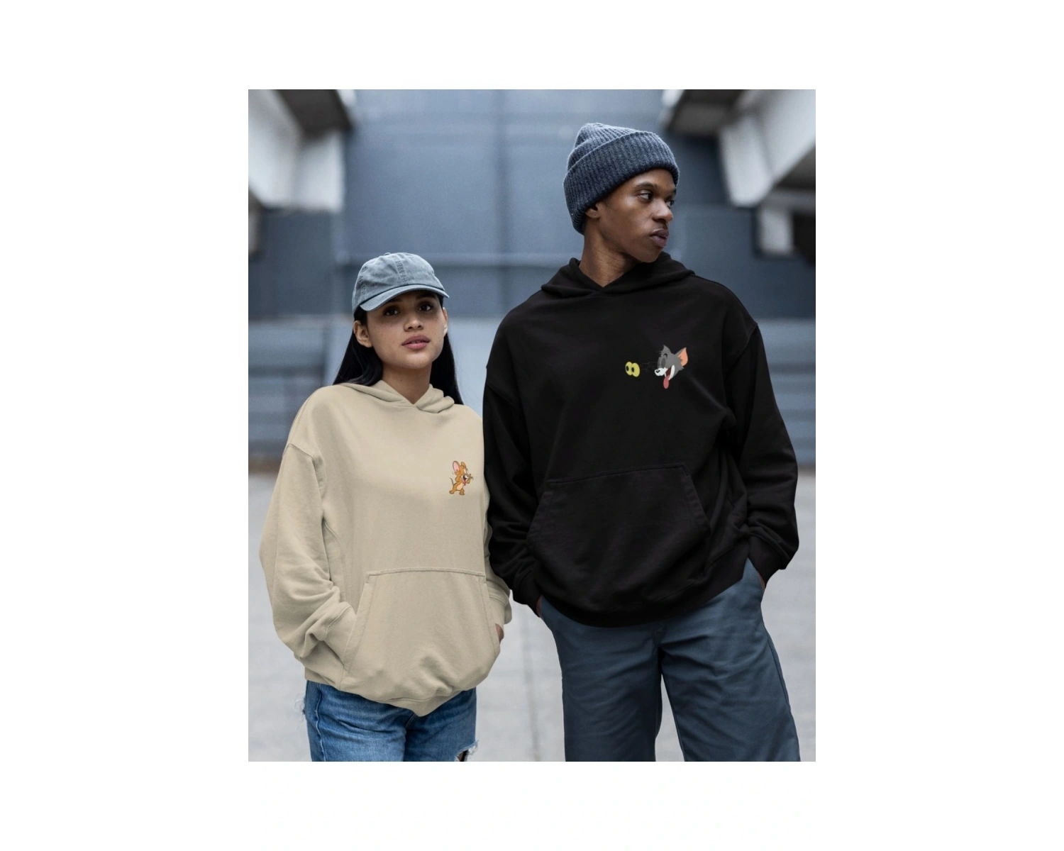 Kaliteli çift sevgili kombini tom ve jerry unisex kapşonlu