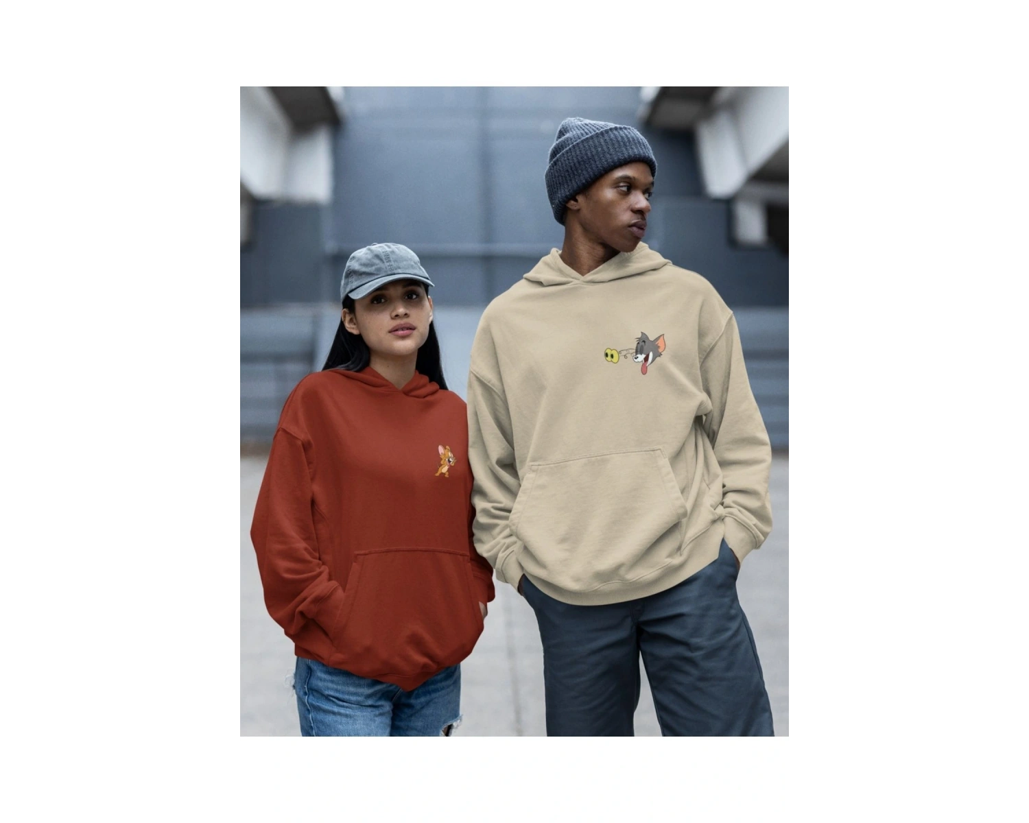 Kaliteli çift sevgili kombini tom ve jerry unisex kapşonlu