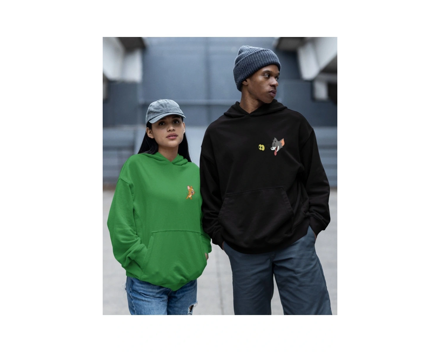 Kaliteli çift sevgili kombini tom ve jerry unisex kapşonlu