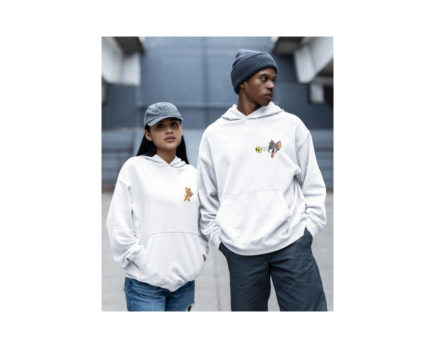 Kaliteli çift sevgili kombini tom ve jerry unisex kapşonlu