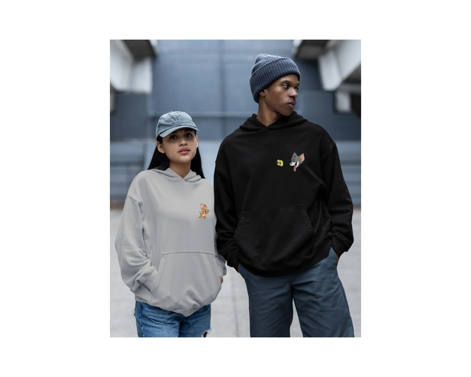 Kaliteli çift sevgili kombini tom ve jerry unisex kapşonlu