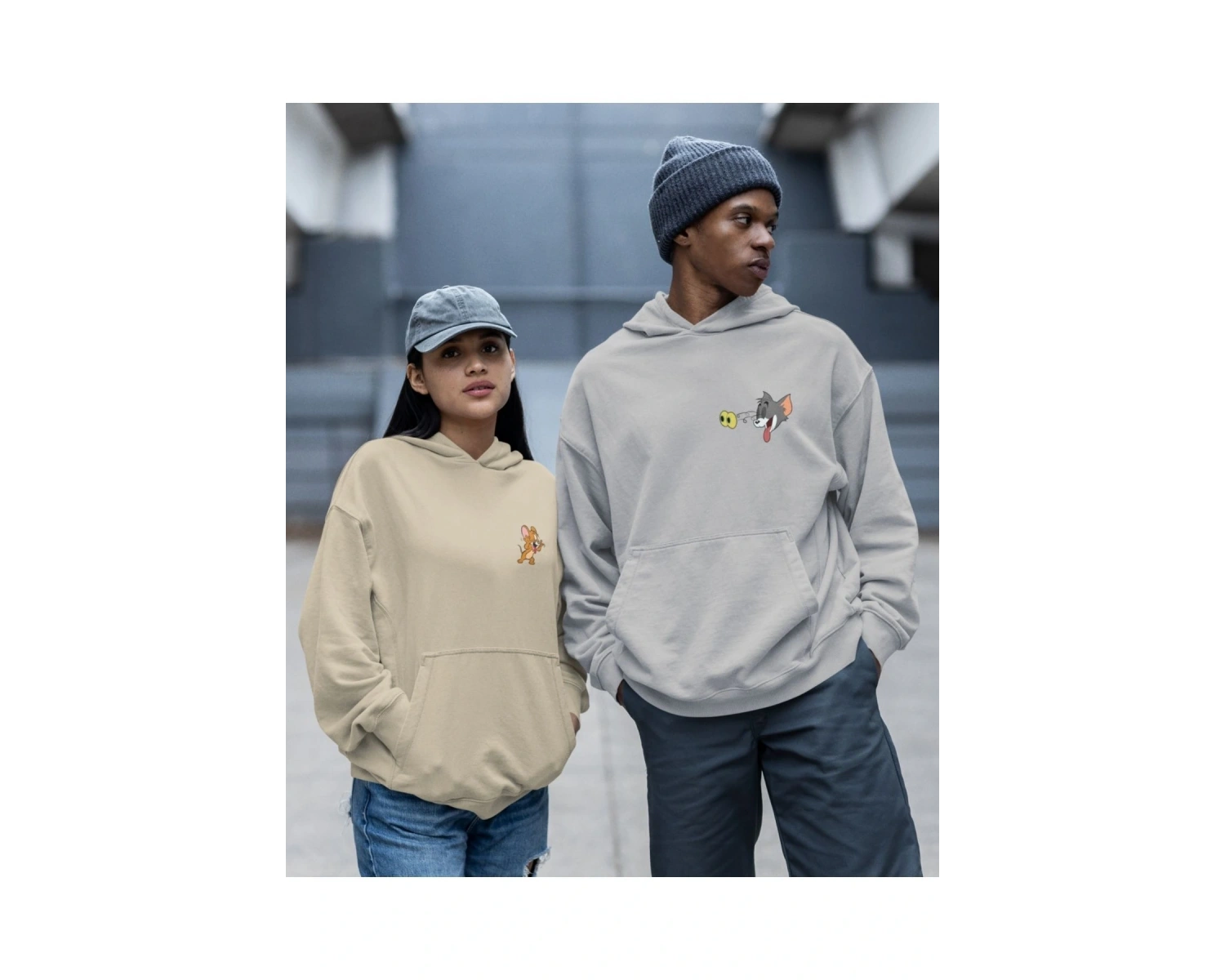 Kaliteli çift sevgili kombini tom ve jerry unisex kapşonlu