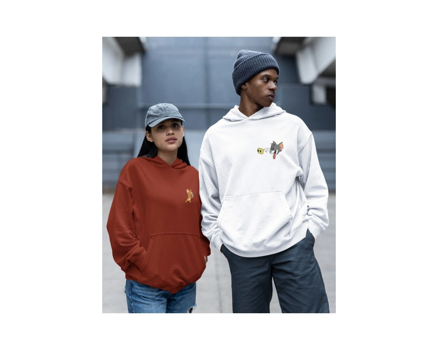 Kaliteli çift sevgili kombini tom ve jerry unisex kapşonlu