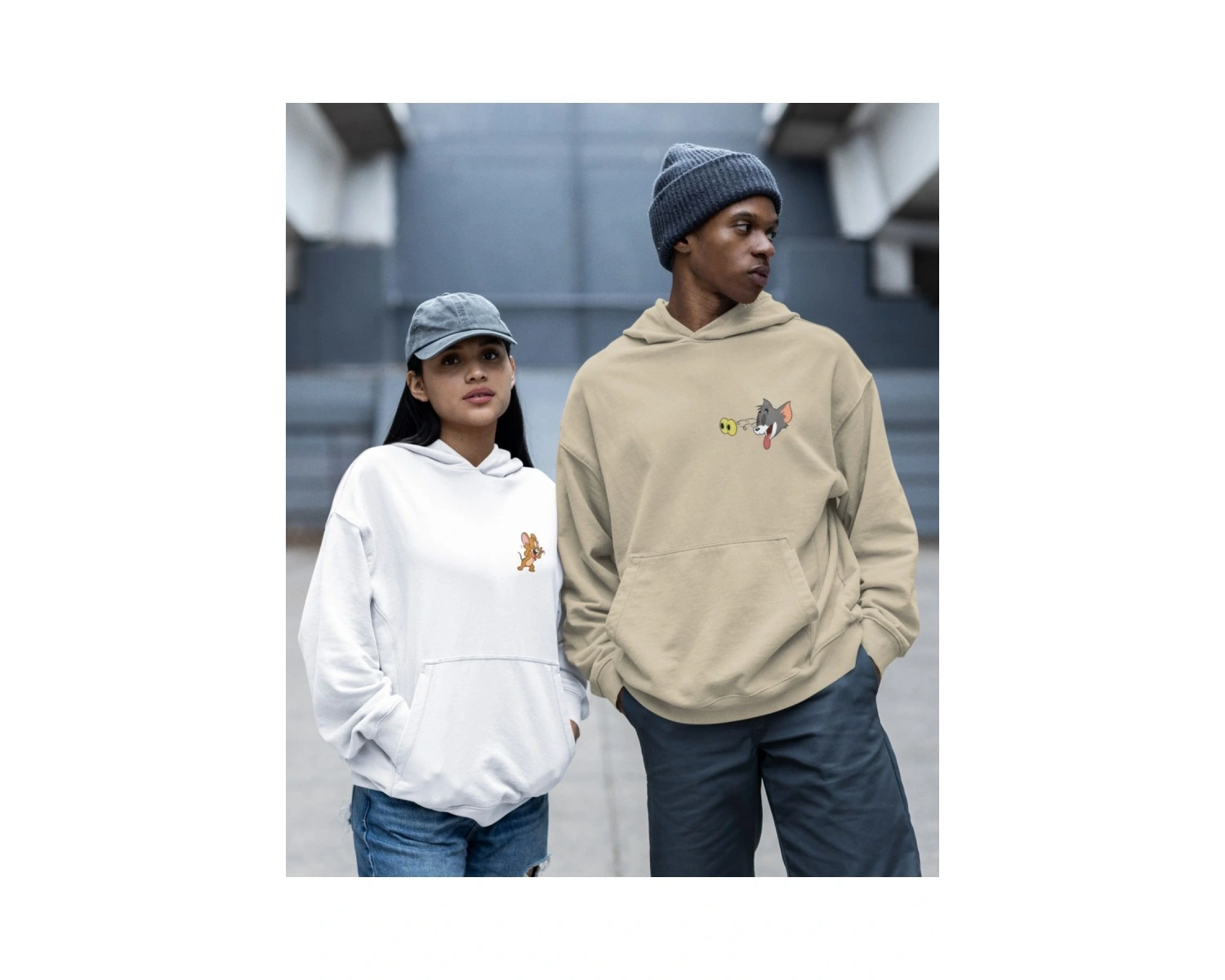 Kaliteli çift sevgili kombini tom ve jerry unisex kapşonlu