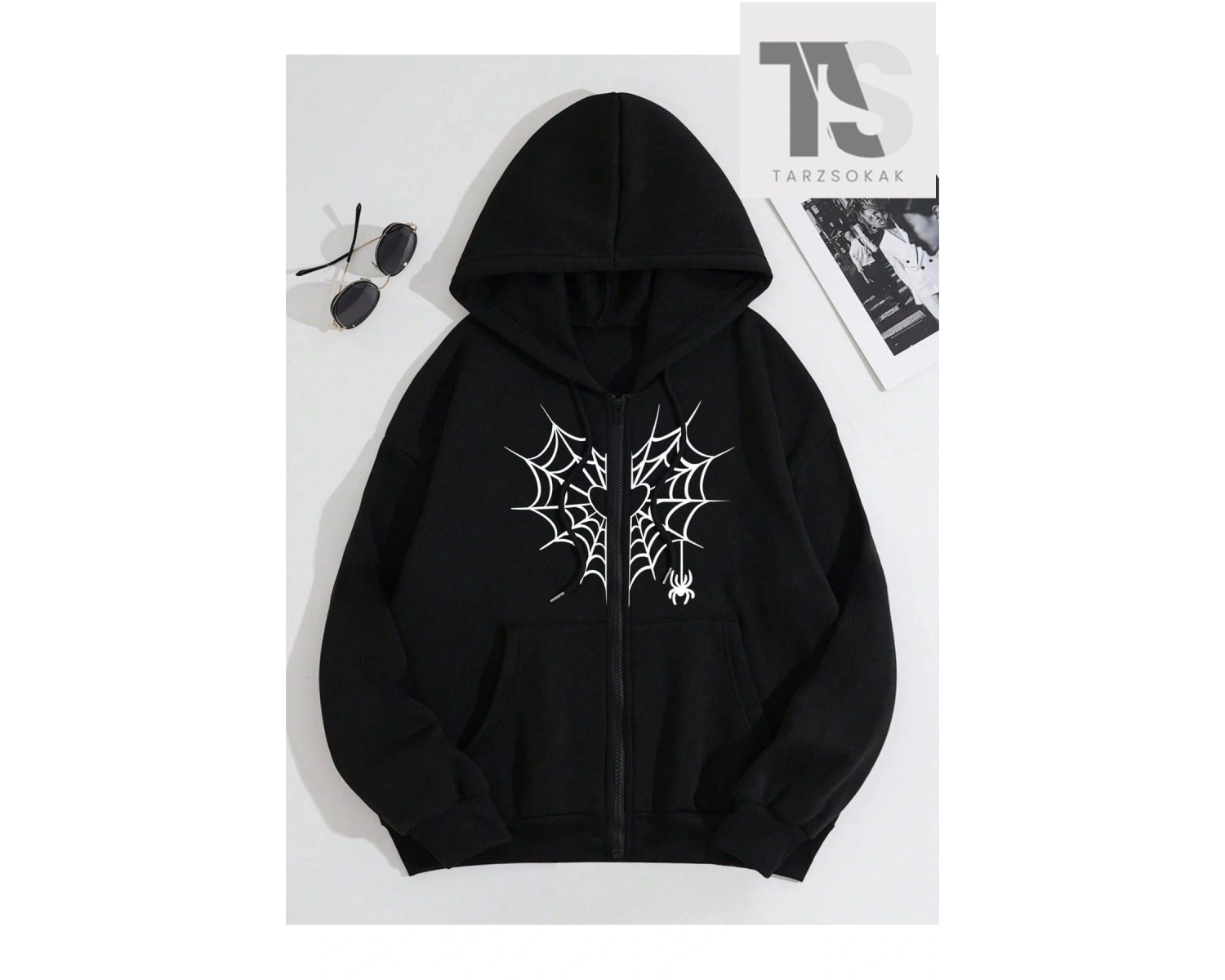 Kalp Ağ Minimal Örümcek Sweatshirt Fermuarlı Hırka