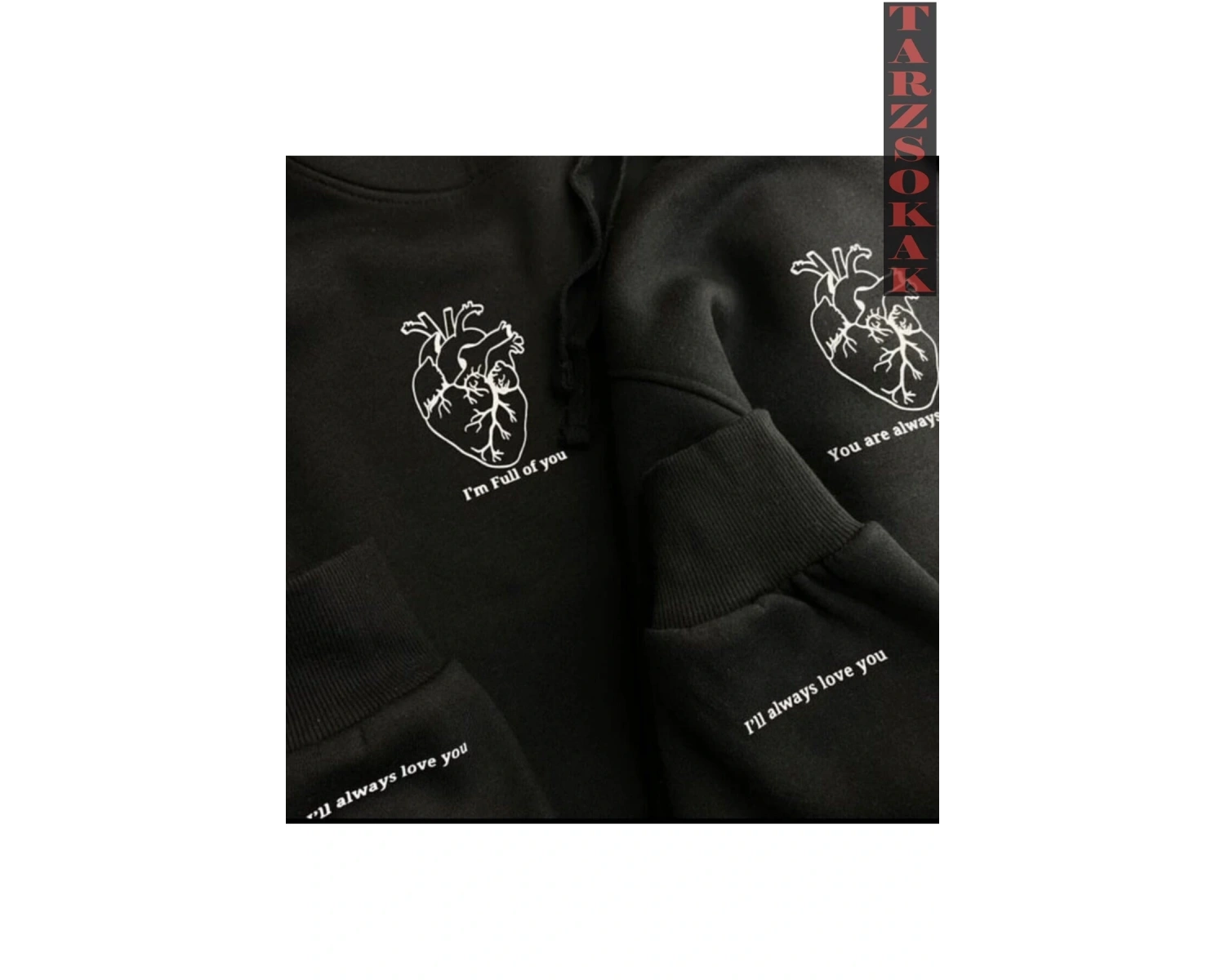 Kalp Kol Baskılı Kapüşonlu Çift Sevgili Kombinleri Couple Clothing Yeni Sezon 2 Adet