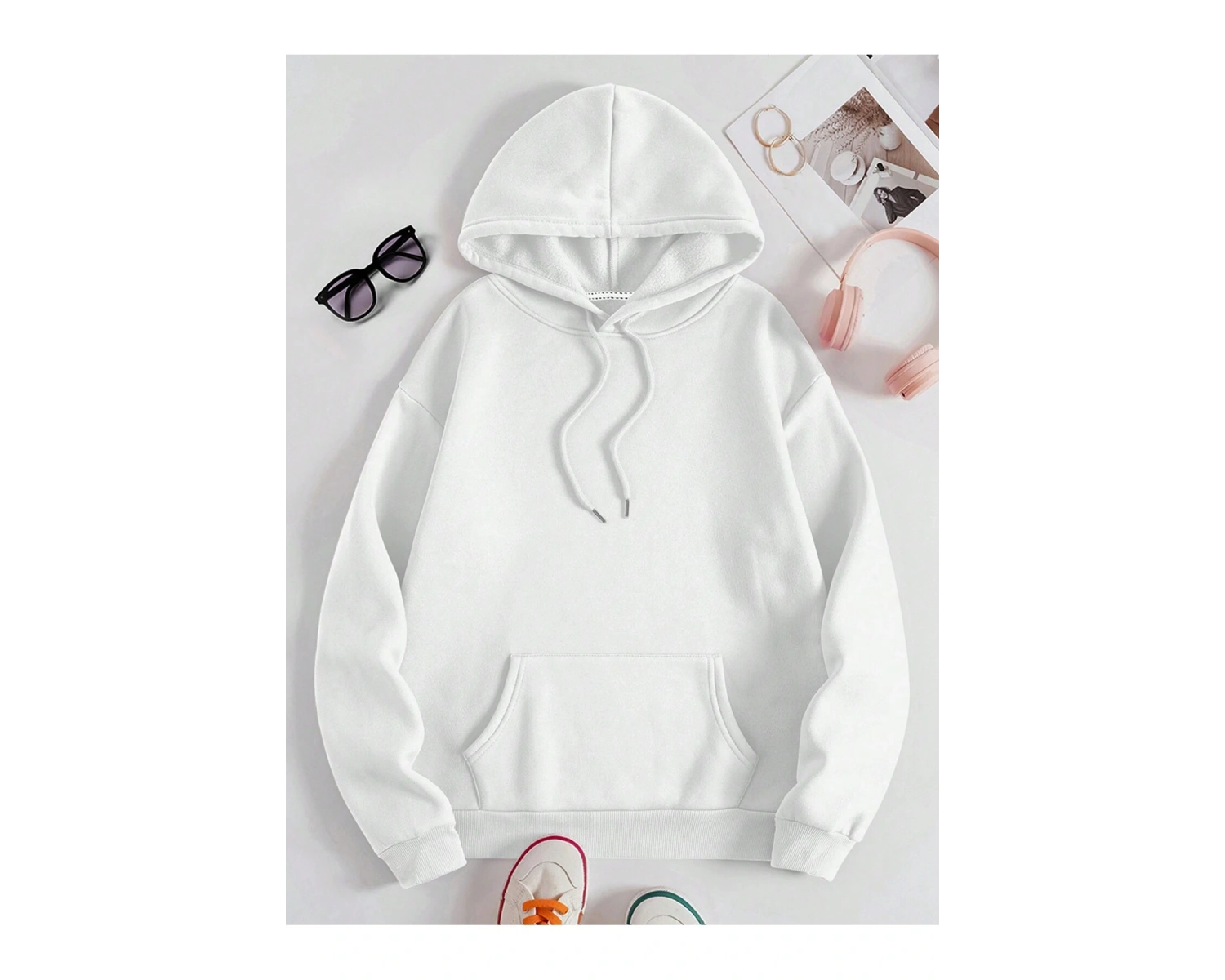 Kanguru Cepli İpli Kapşonlu Beyaz