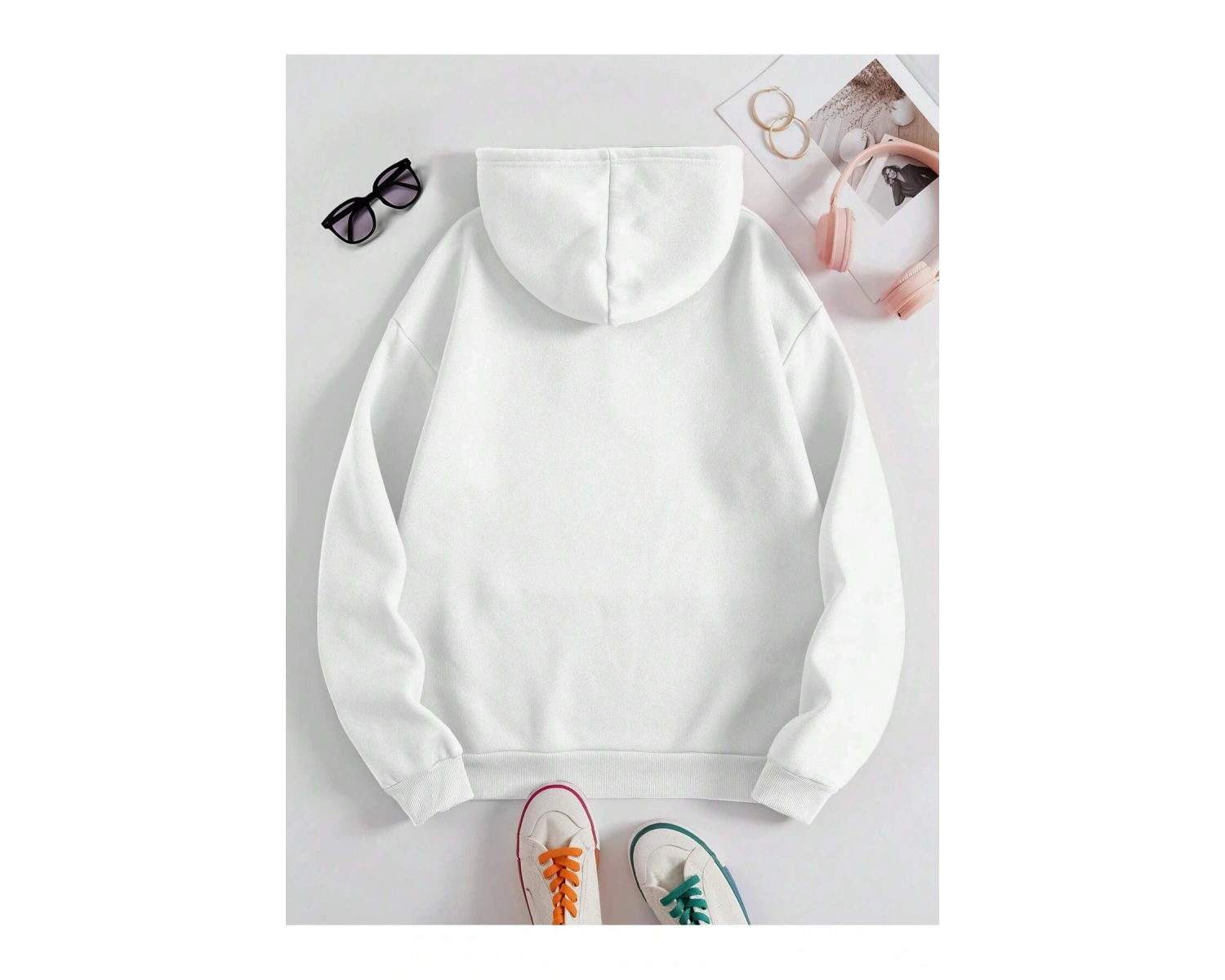 Kanguru Cepli İpli Kapşonlu Beyaz