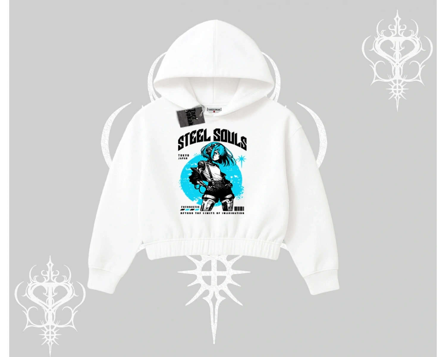 Kapşonlu Crop Sweatshirt Anime Cyberpunk Kız Baskılı