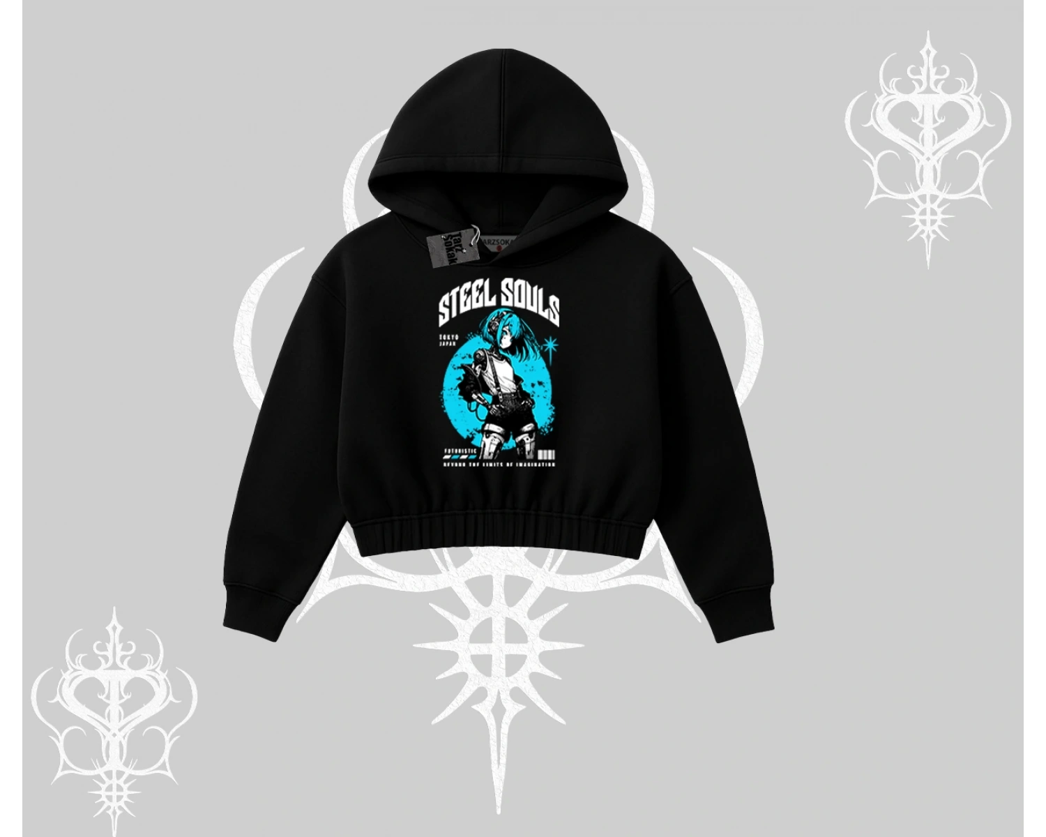 Kapşonlu Crop Sweatshirt Anime Cyberpunk Kız Baskılı