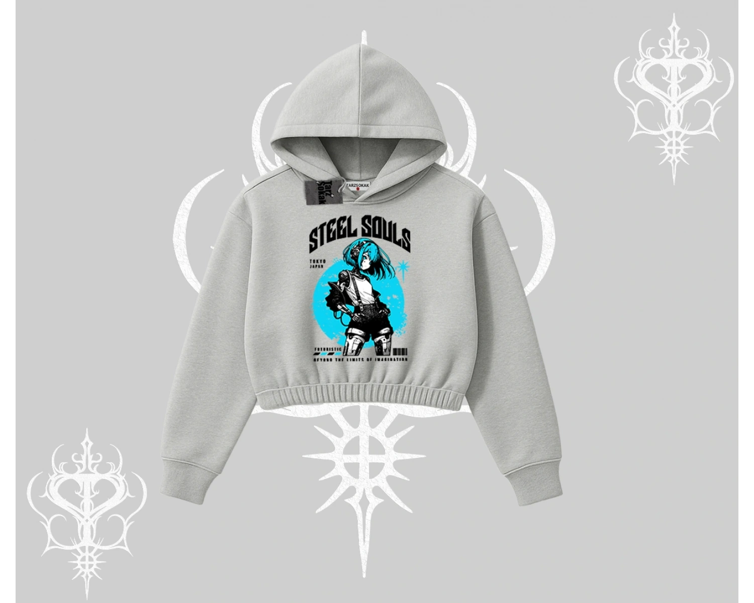 Kapşonlu Crop Sweatshirt Anime Cyberpunk Kız Baskılı