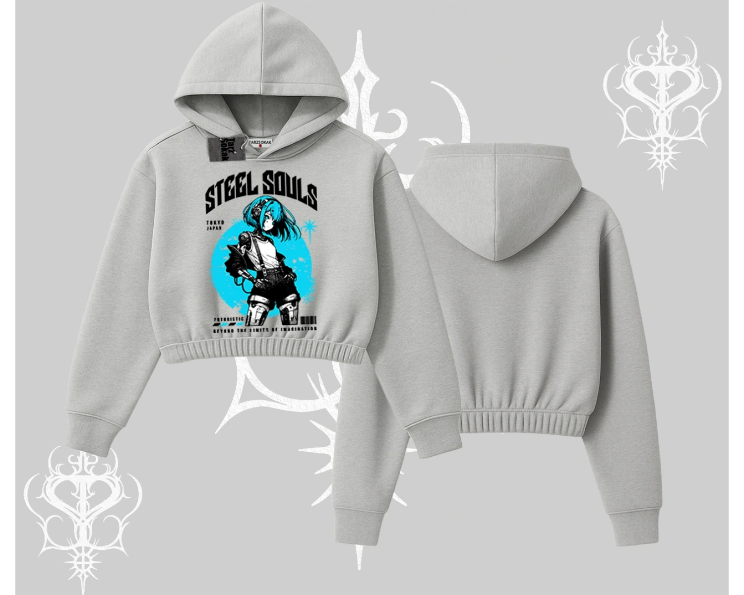 Kapşonlu Crop Sweatshirt Anime Cyberpunk Kız Baskılı