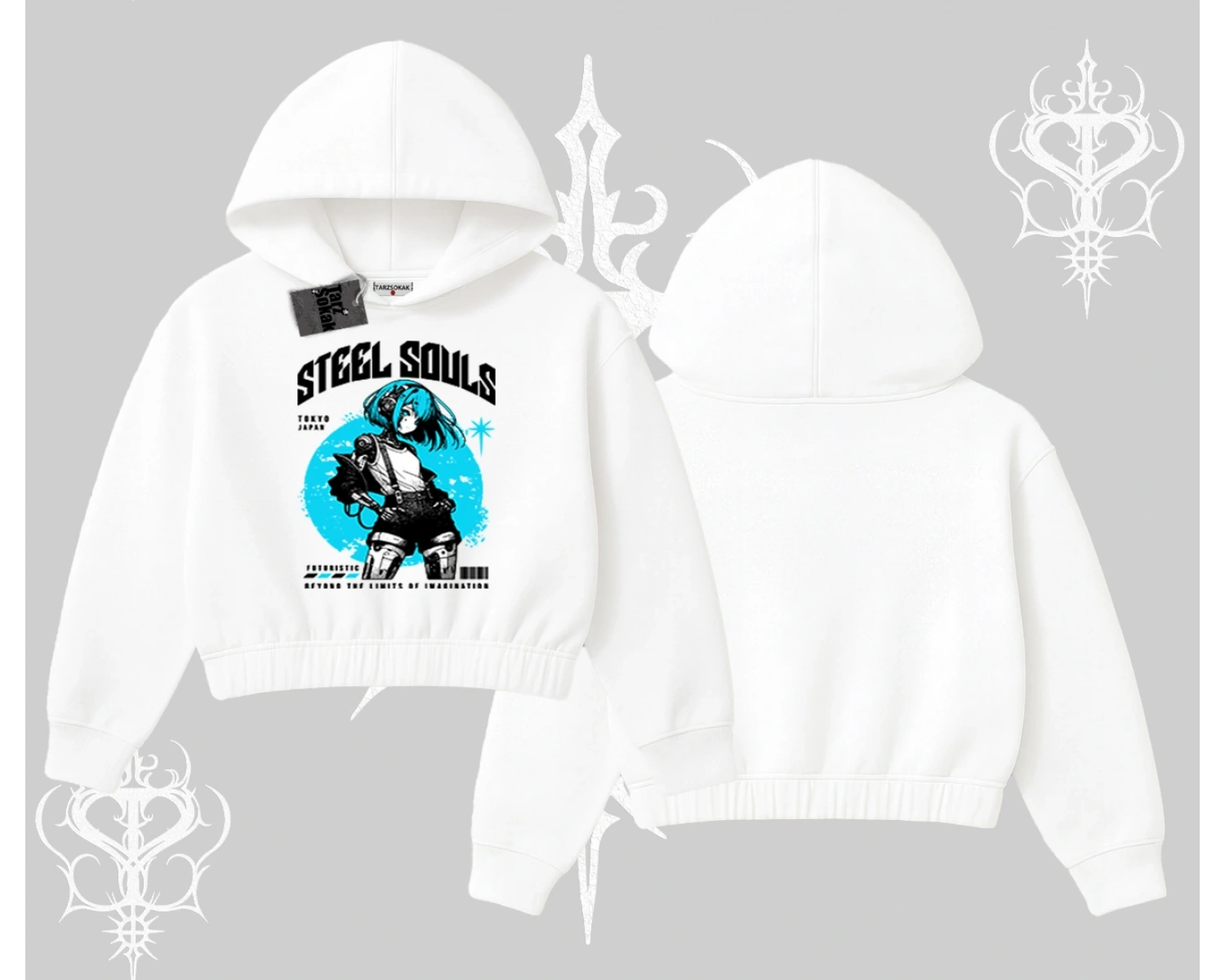 Kapşonlu Crop Sweatshirt Anime Cyberpunk Kız Baskılı