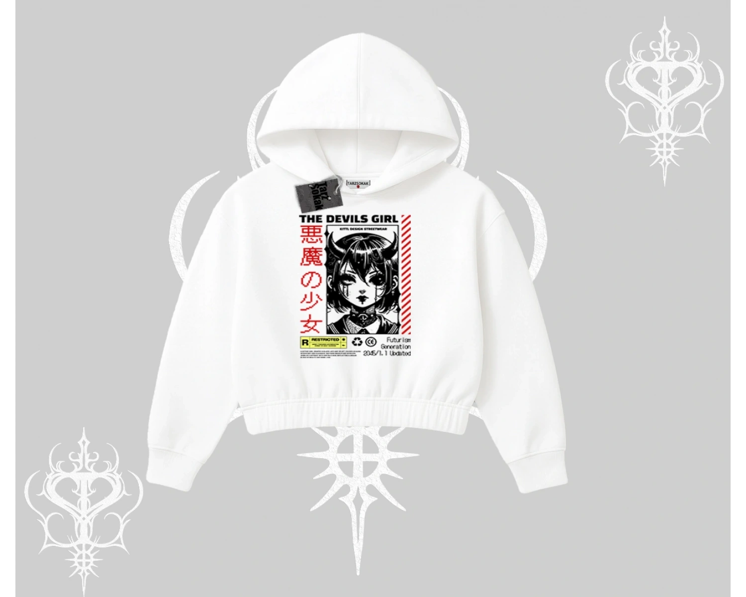 Kapşonlu Crop Sweatshirt Anime Devils Girl Japanese Style Baskılı