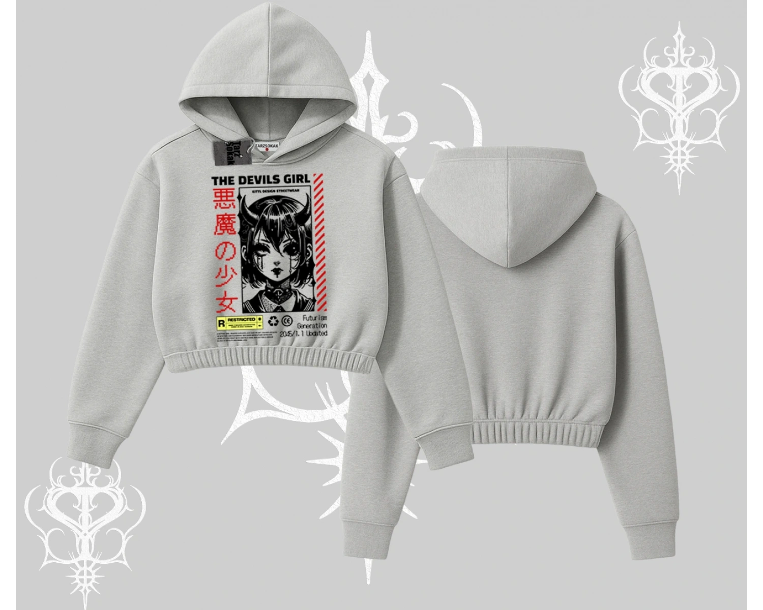 Kapşonlu Crop Sweatshirt Anime Devils Girl Japanese Style Baskılı